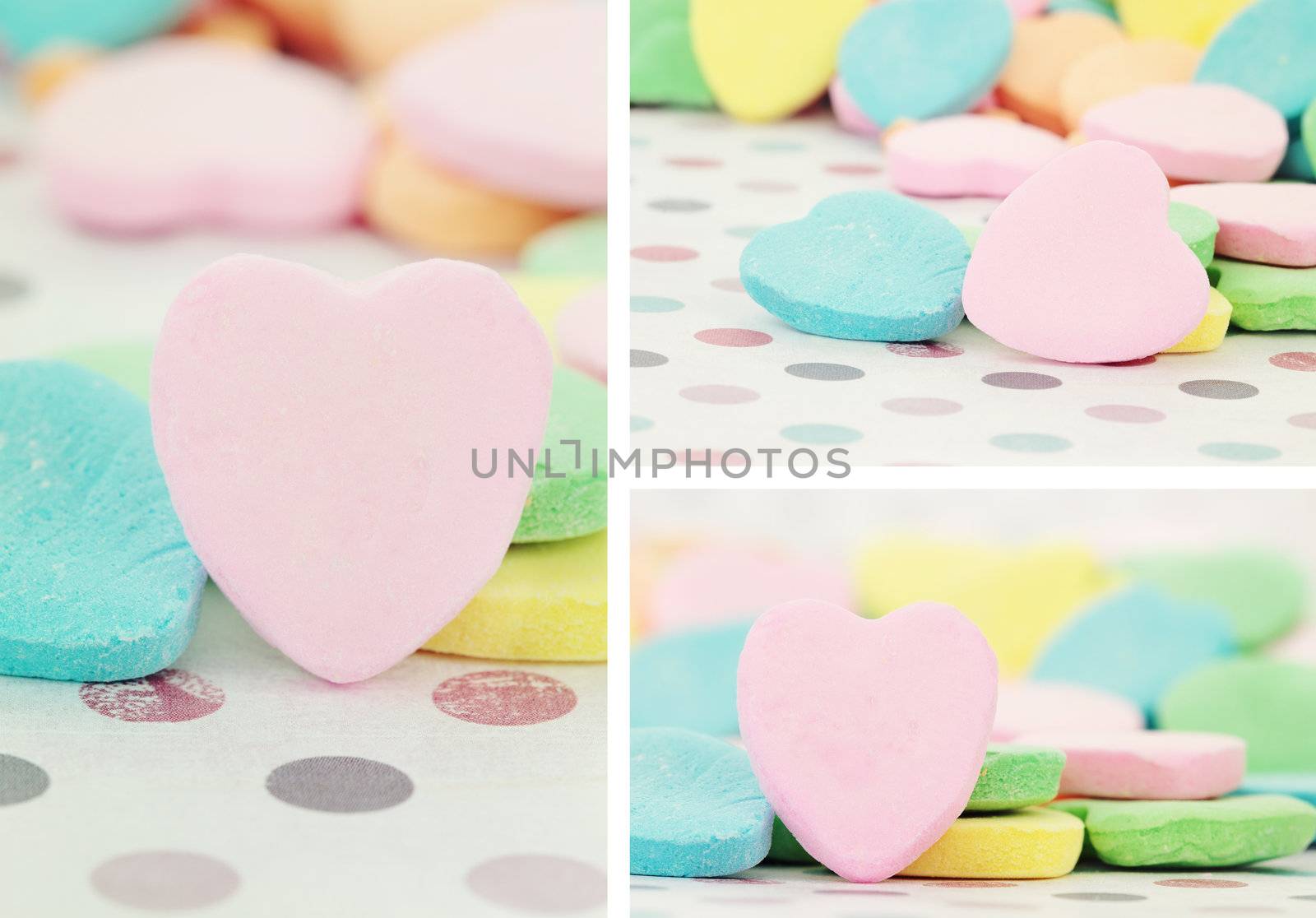 Collage of Valentine's Day heart shaped candy with selective focus. Blank for your copyspace.