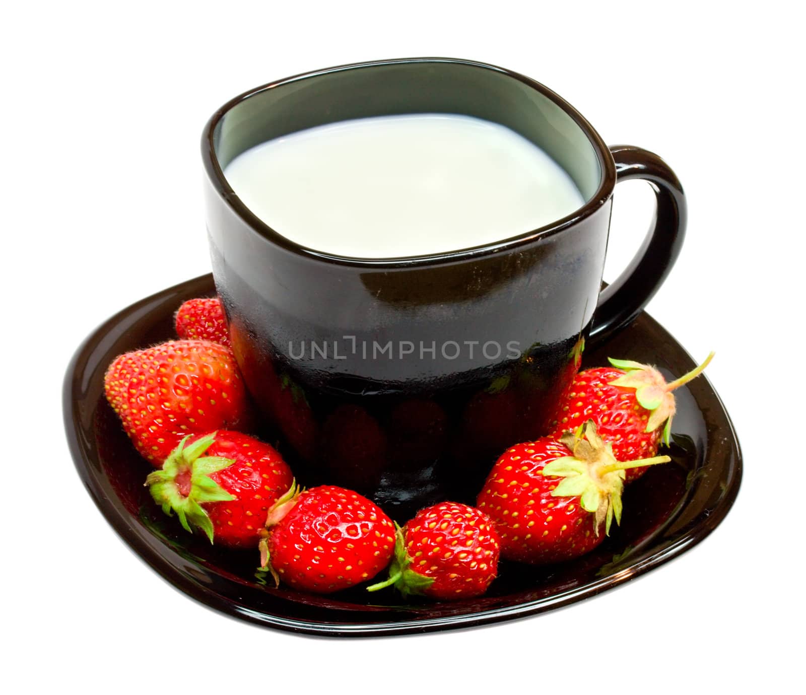 black cup with milk and strawberries, isolated on white