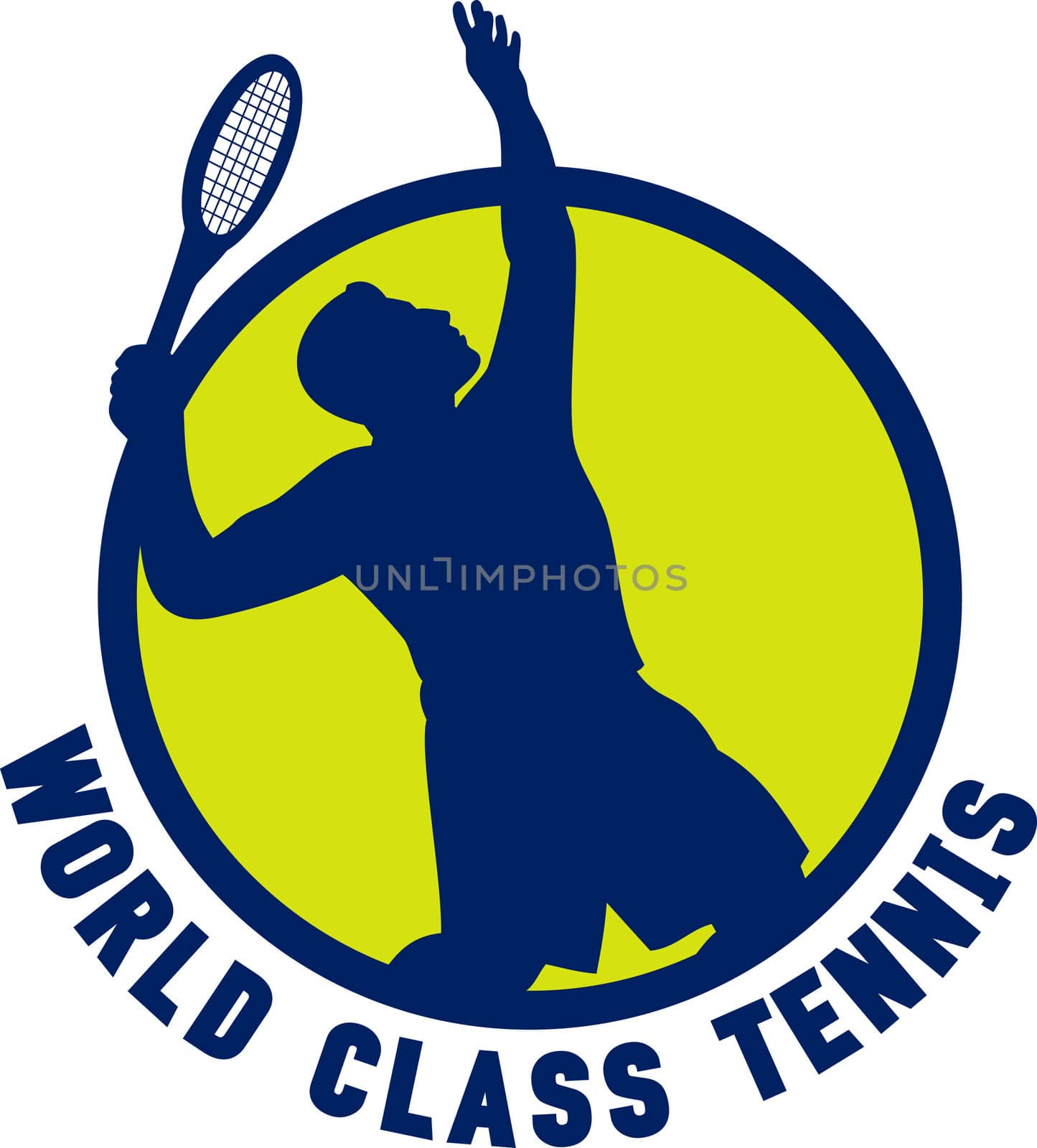 illustration of a tennis player silhouette serving set inside circle with words "world class tennis"