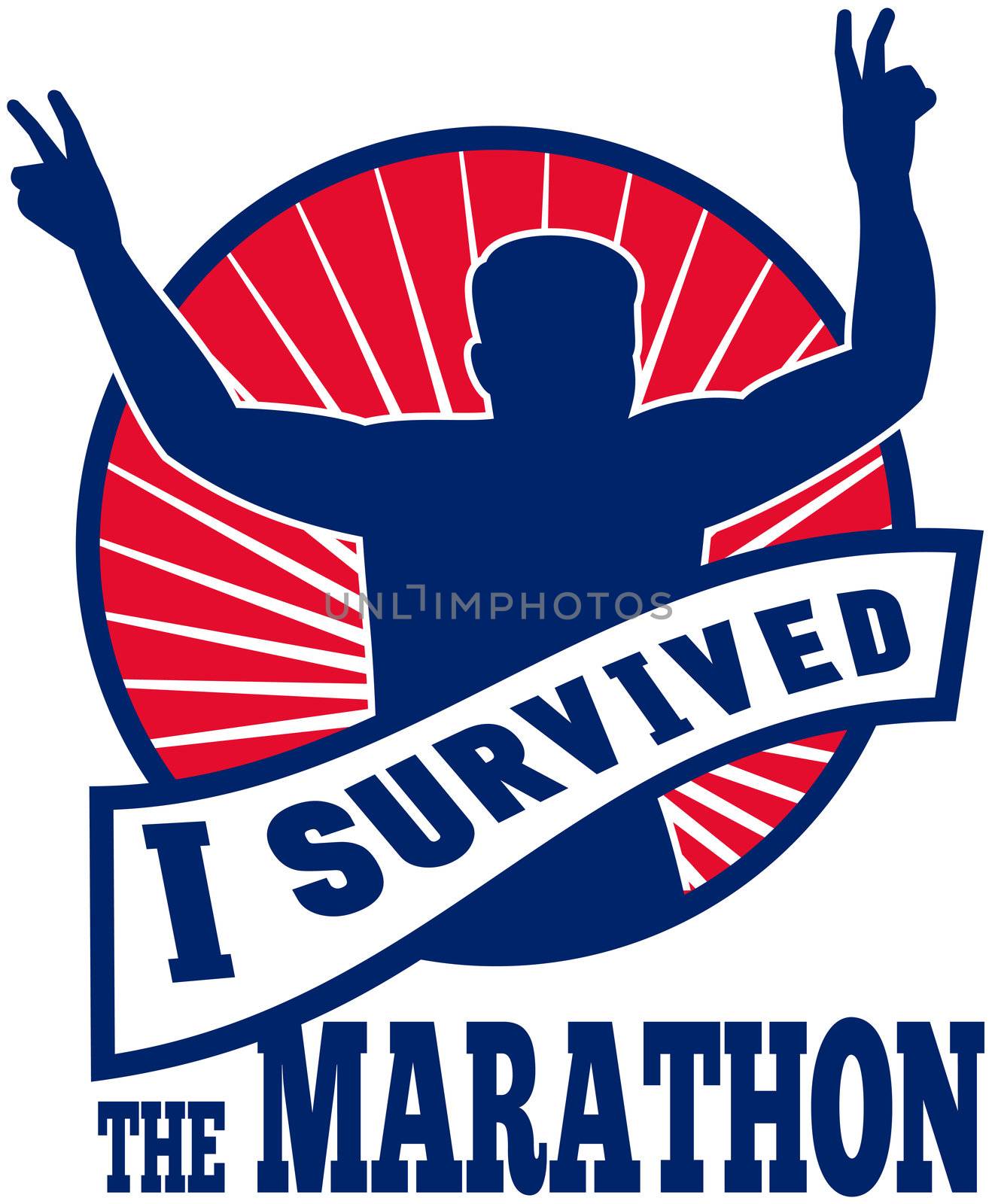 illustration of a silhouette of Marathon runner flashing victory hand sign done in retro style with   sunburst set inside circle with words "i survived the marathon"