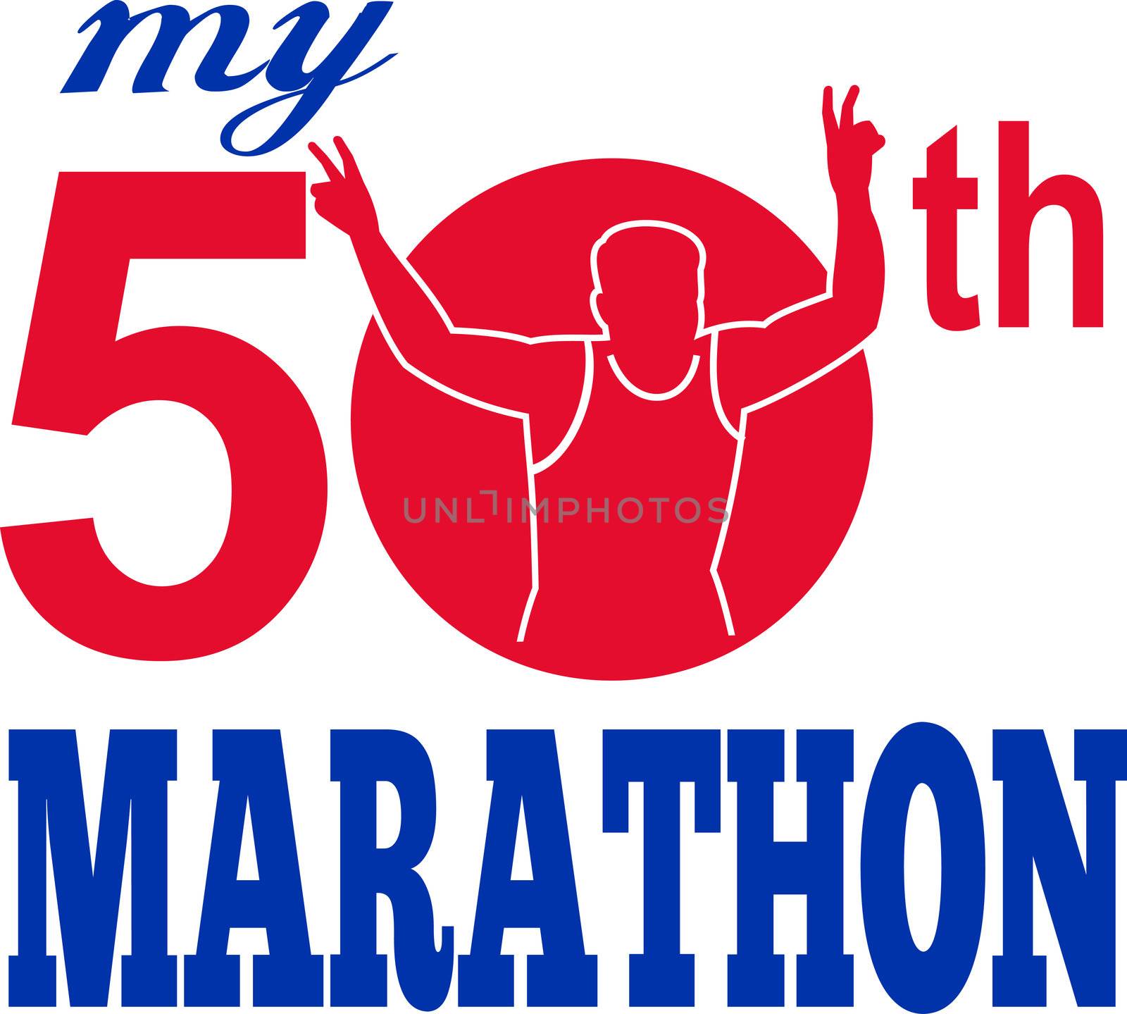 illustration of a silhouette of Marathon runner flashing victory hand sign done in retro style set inside circle with words my 50th marathon