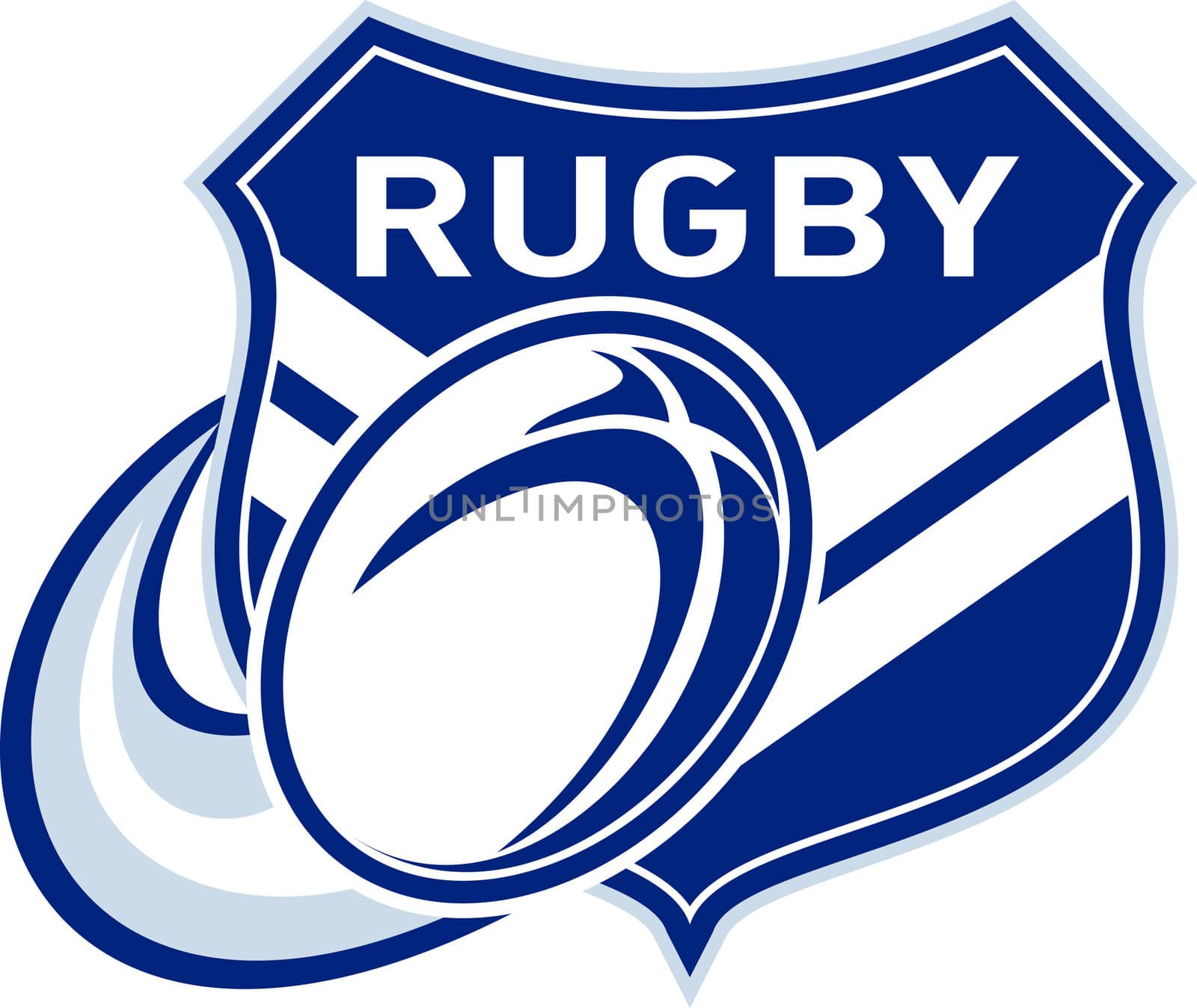 illustration of a rugby ball flying with shield and chevron in background