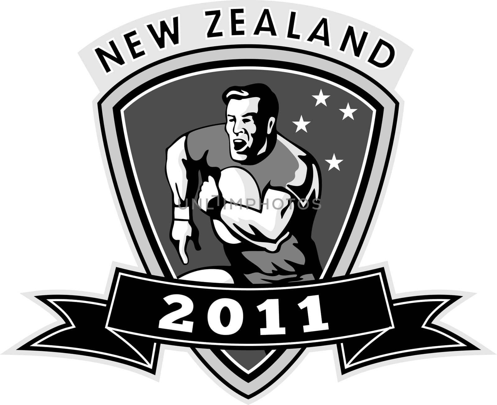 illustration of a rugby player running with ball inside shield with words new zealand 2011