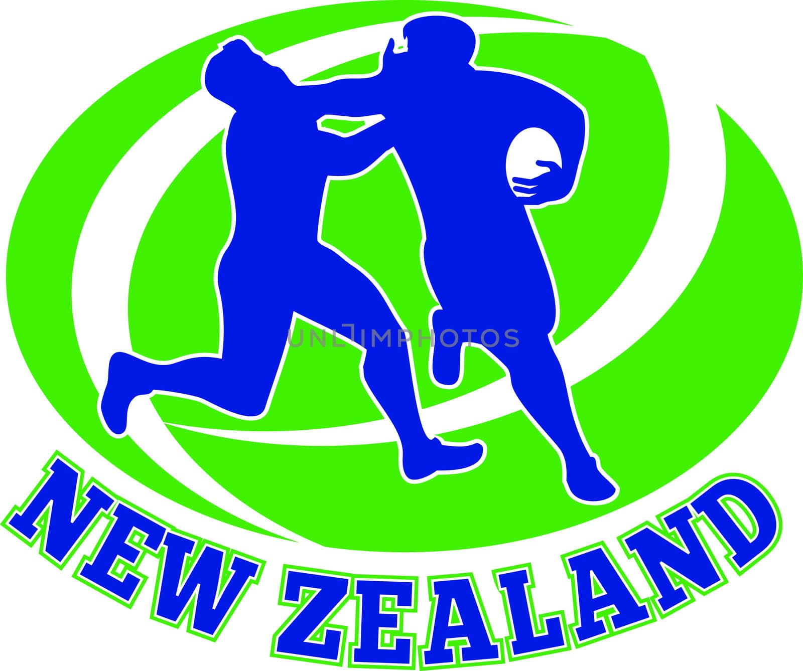 illustration of a Rugby player running fending off tackle with ball shape in background and words "new zealand"
