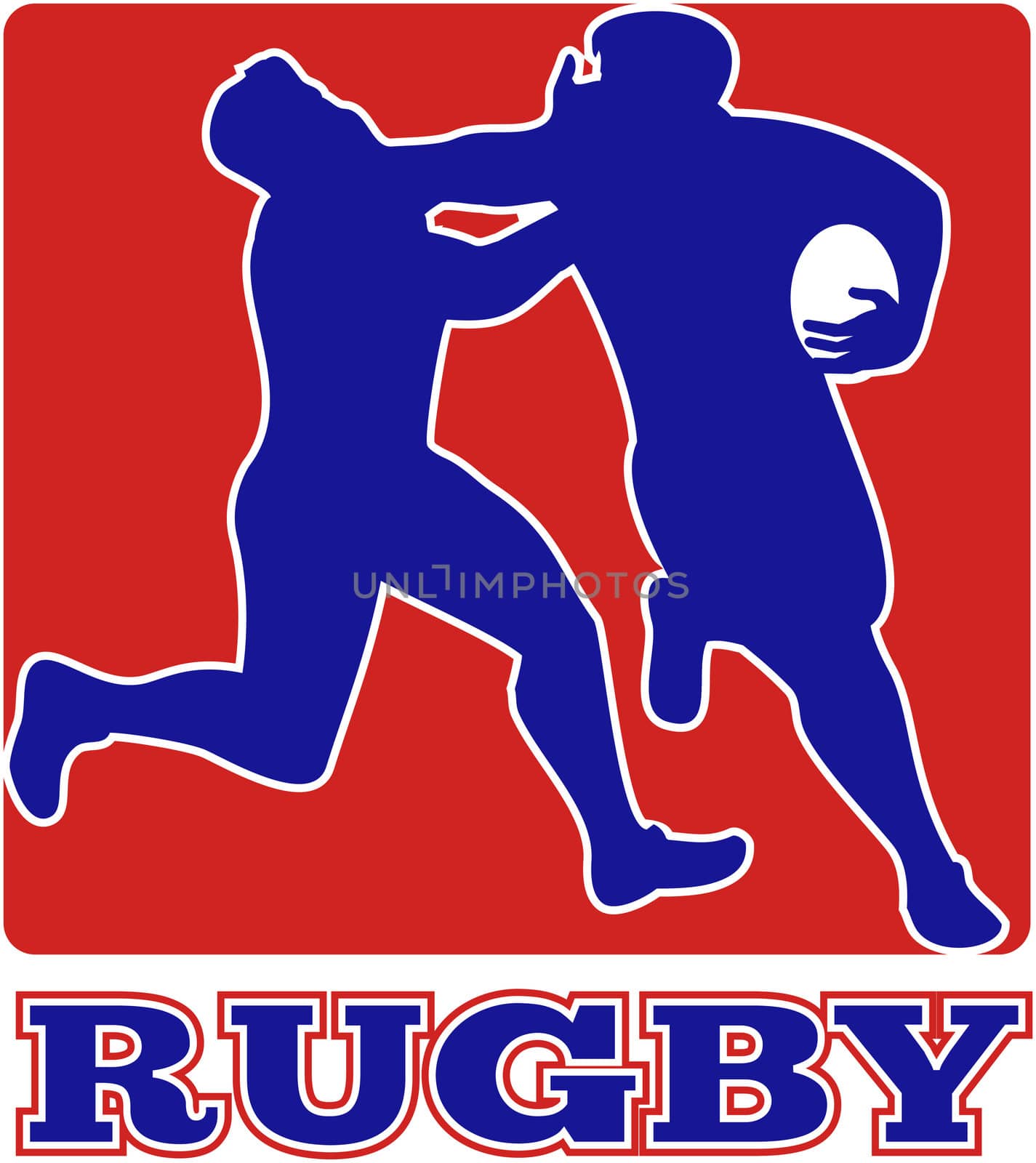 illustration of a Rugby player running fending off tackle with square shape in background 