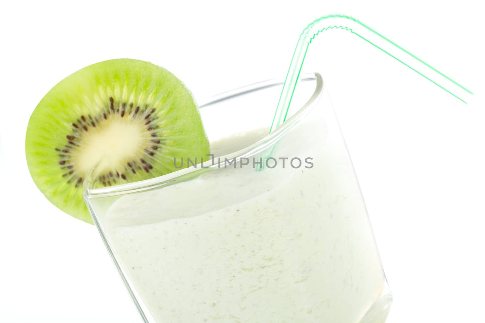 close-up milkshake with kiwi and straw, isolated on white