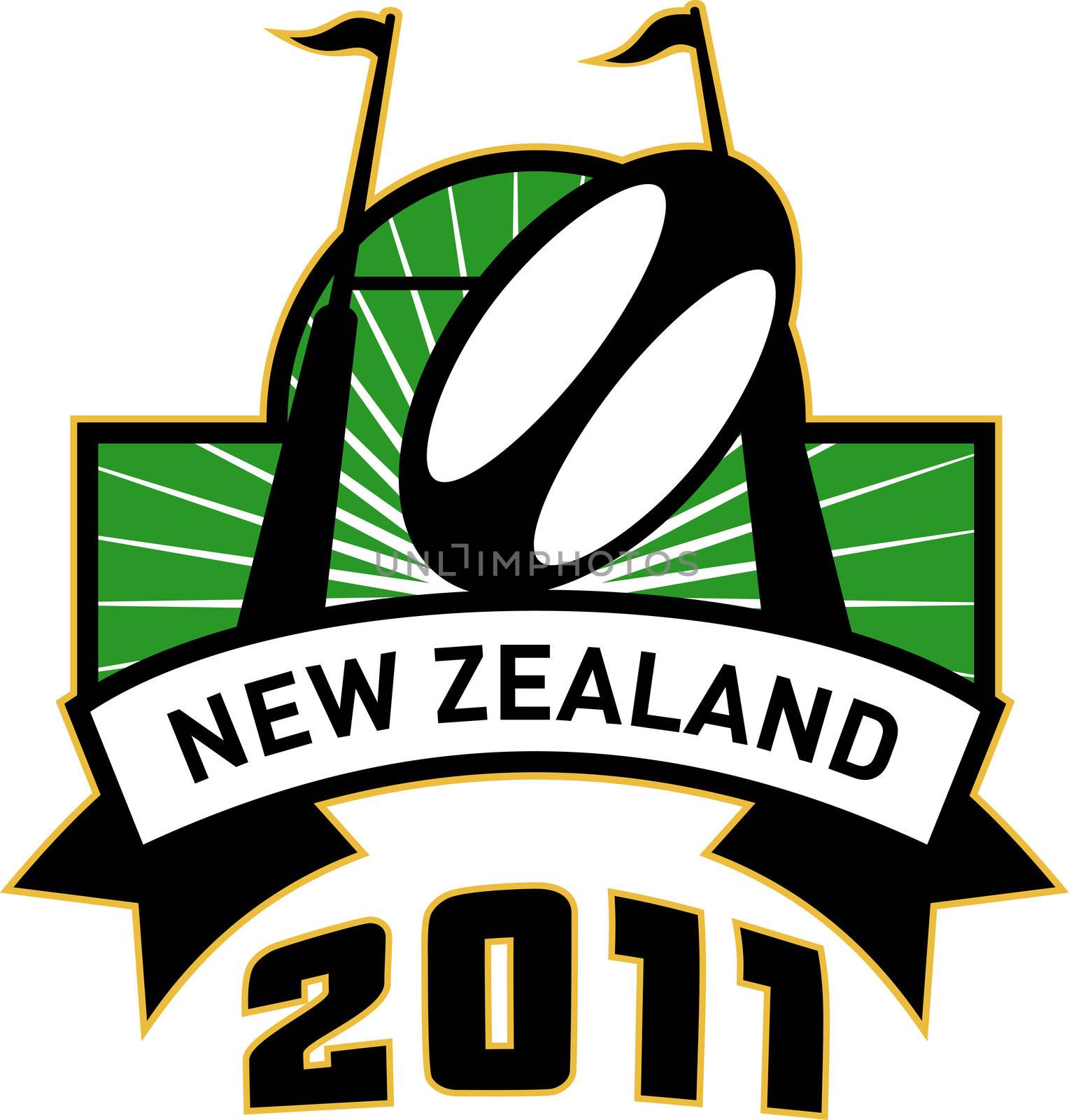 retro style illustration of a rugby ball and goal post inside rectangle with words new zealand 2011