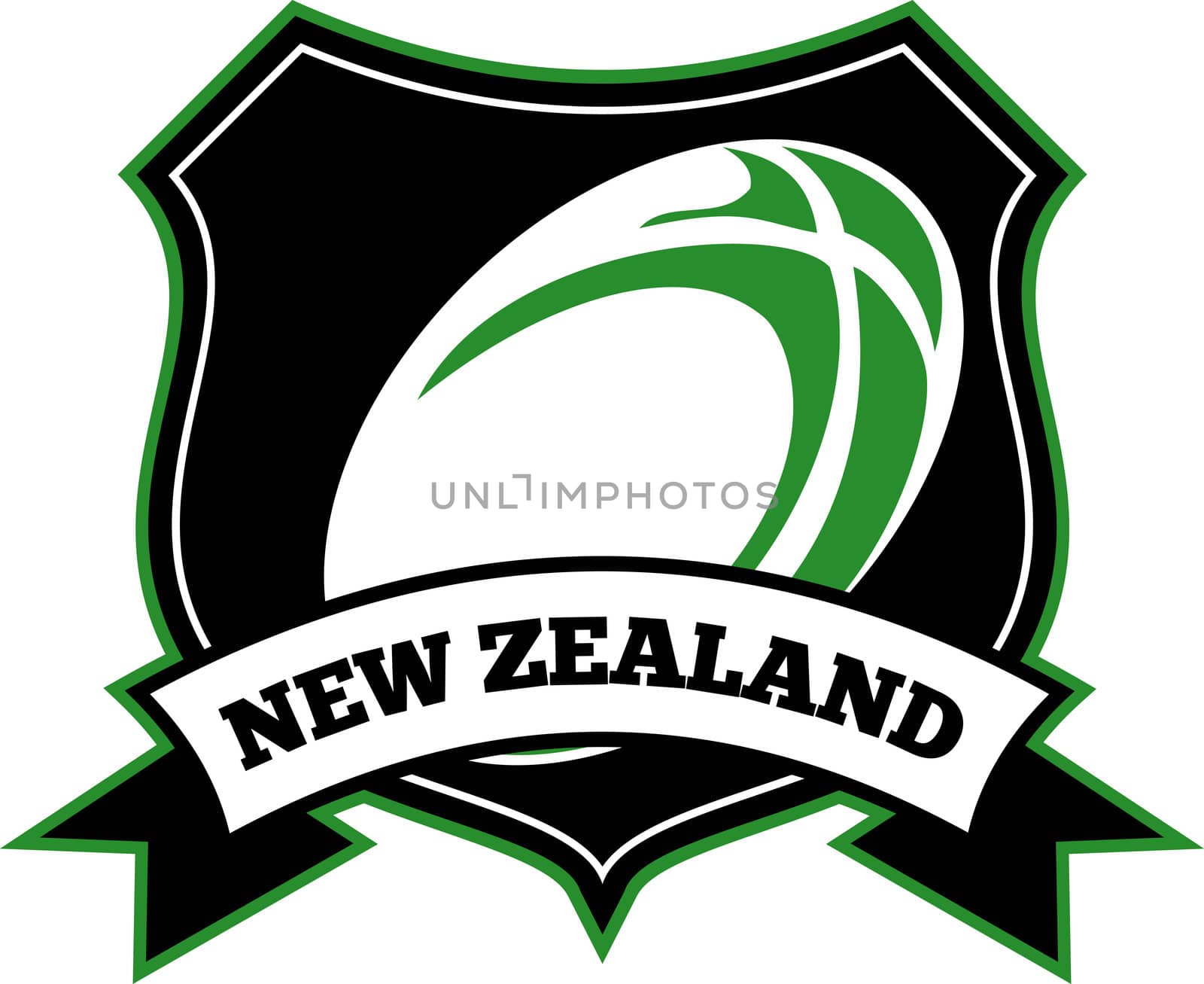 illustration of a rugby ball set inside shield with words new zealand
