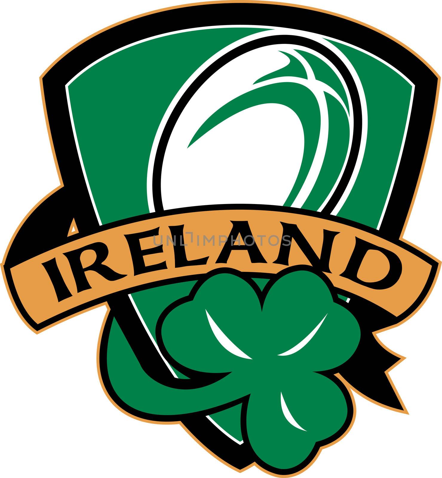 illustration of a shield with rugby ball and shamrock with words ireland