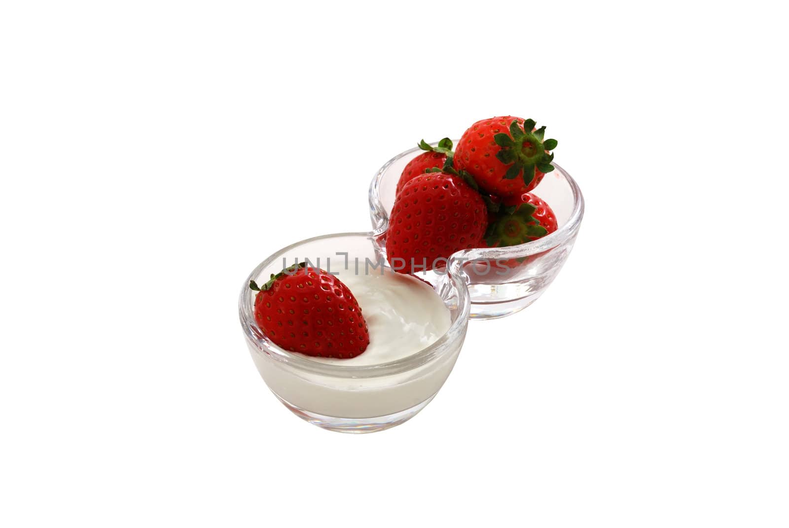 Strawberries with cream in double glass bowl isolated on white background