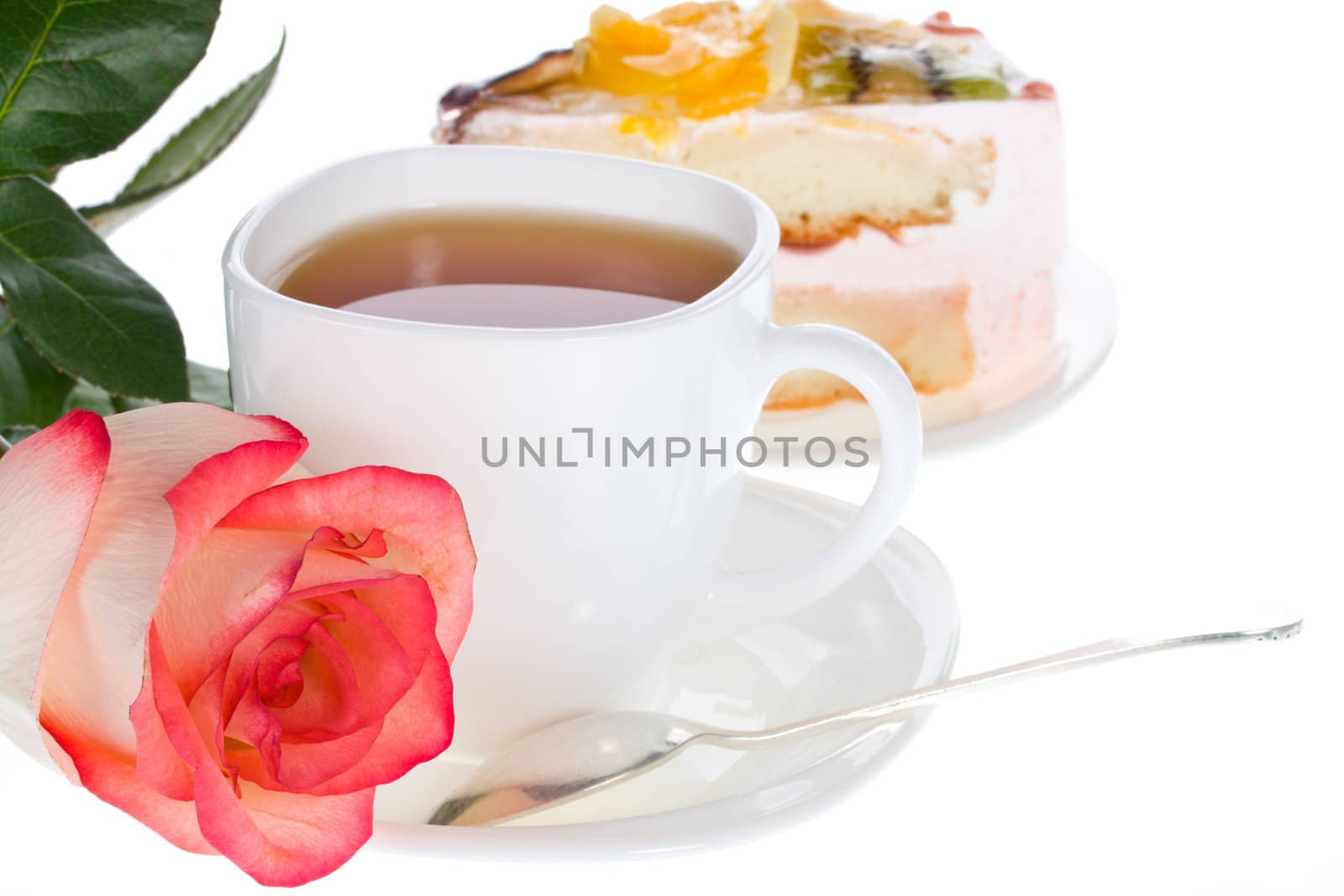 rose, tea and cake, isolated on white