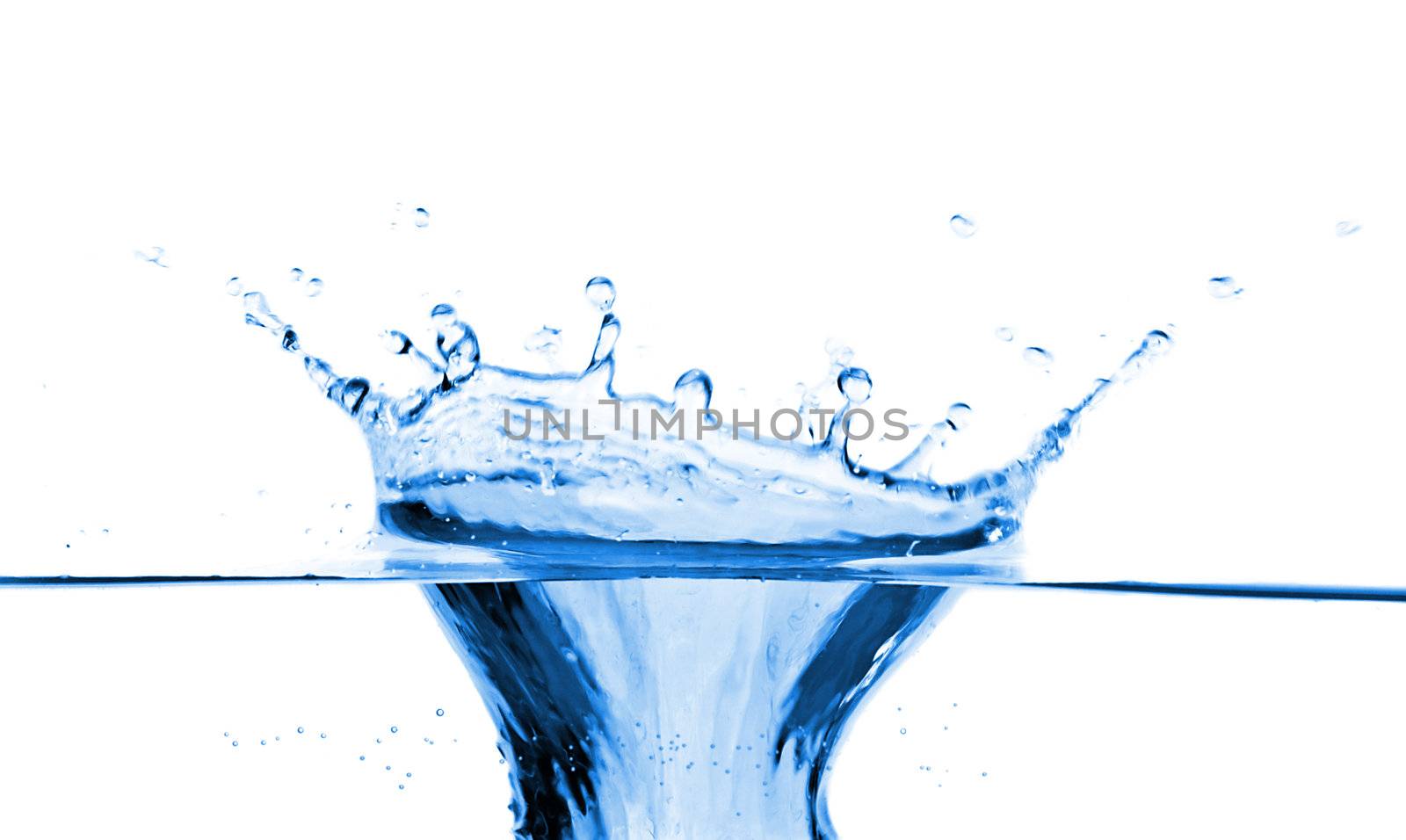 close-up splash in blue water, isolated on white