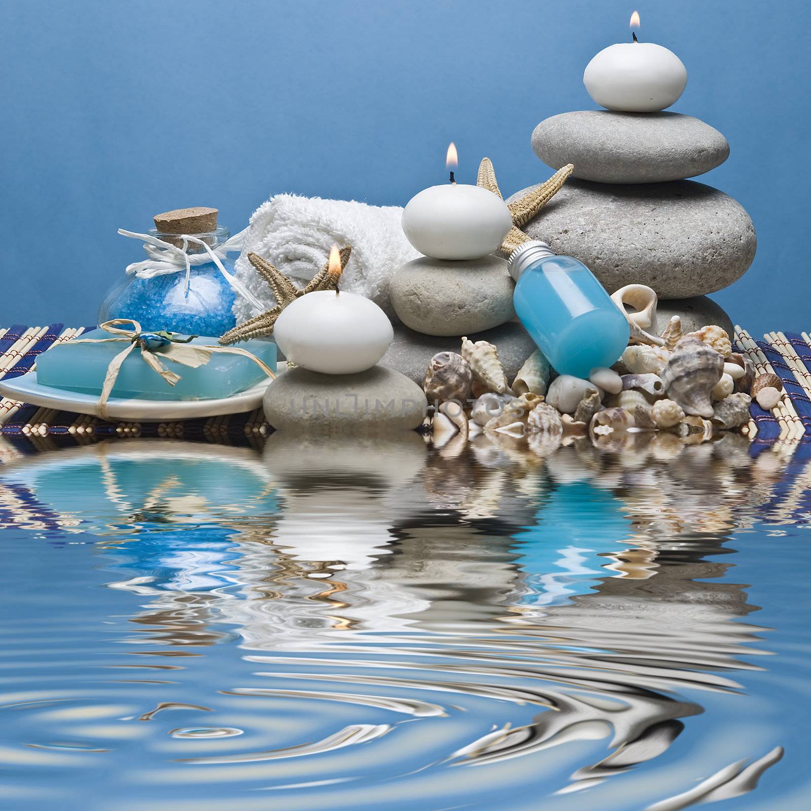 Spa background with hygiene and decorative items in blue.