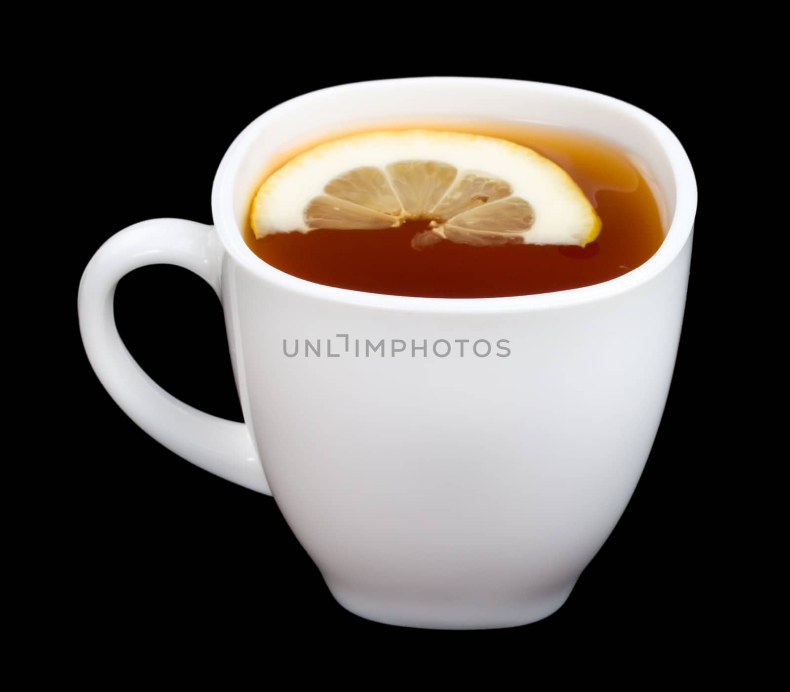 cup of tea with lemon, isolated on black