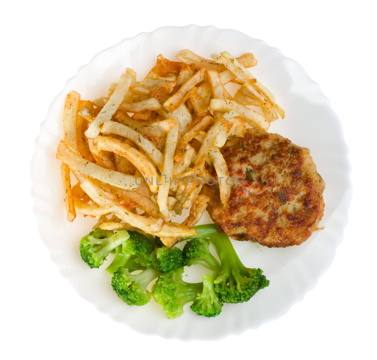 fried potatoes with cutlet and broccoli on plate, isolated