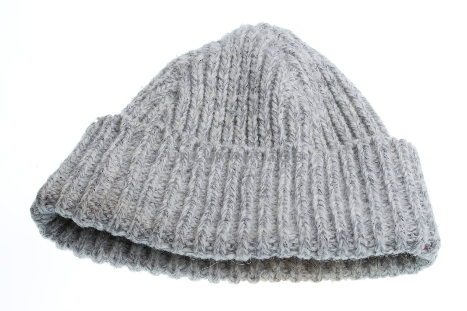 gray woolen winter hat, isolated on white