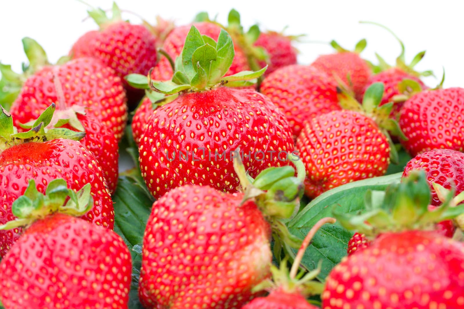 heap of ripe strawberries selective focus by Alekcey