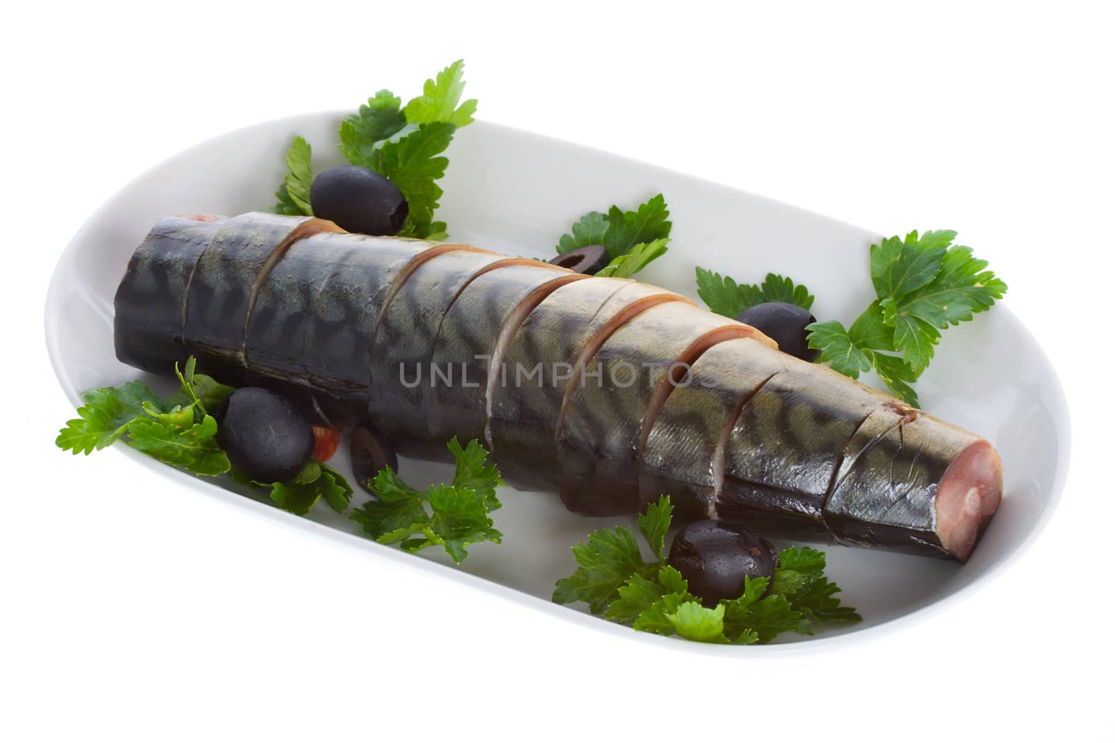 close-up mackerel with olives on plate, isolated