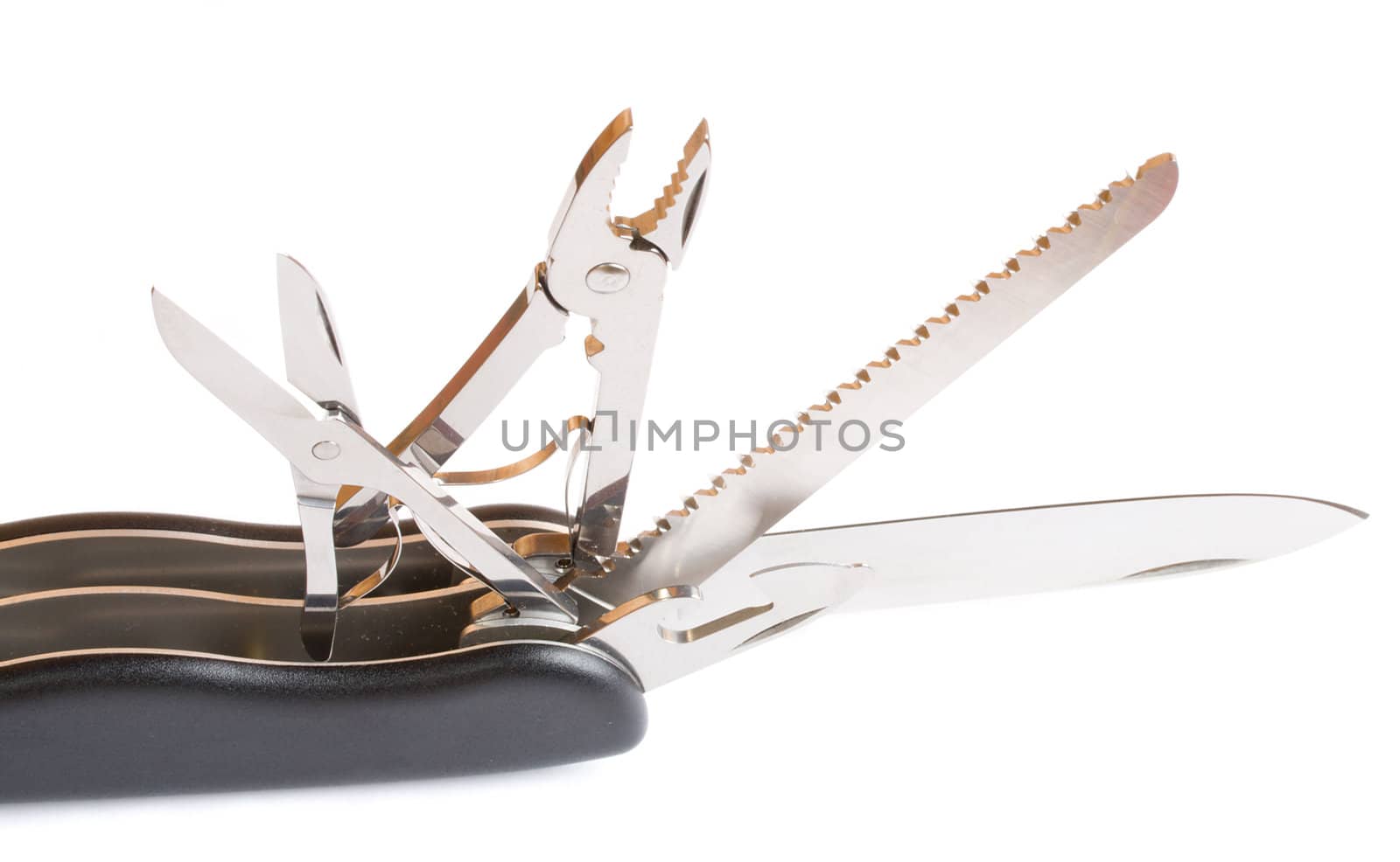 close-up opened black army penknife, isolated on white