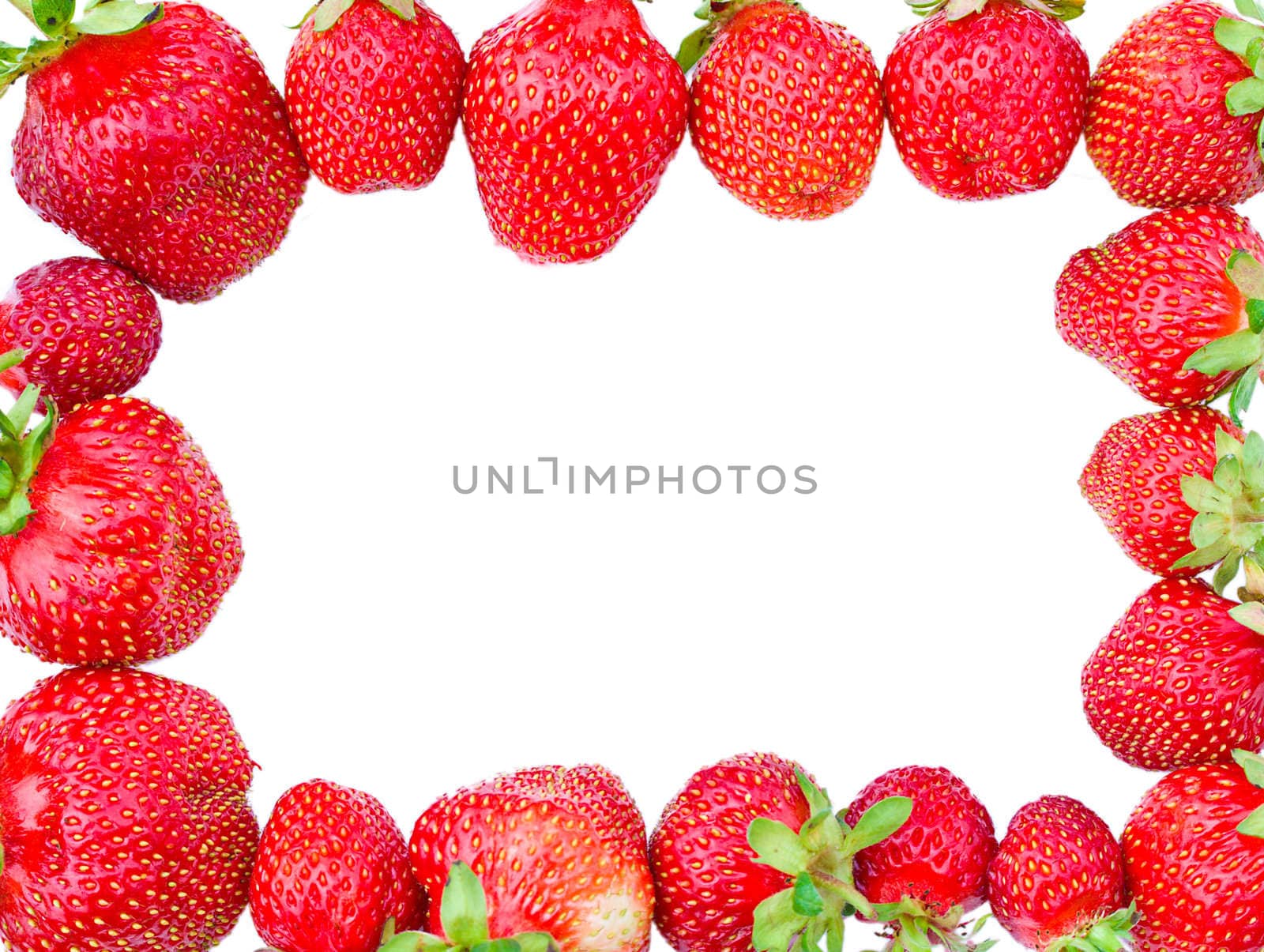 ripe strawberries forming frame, isolated on white