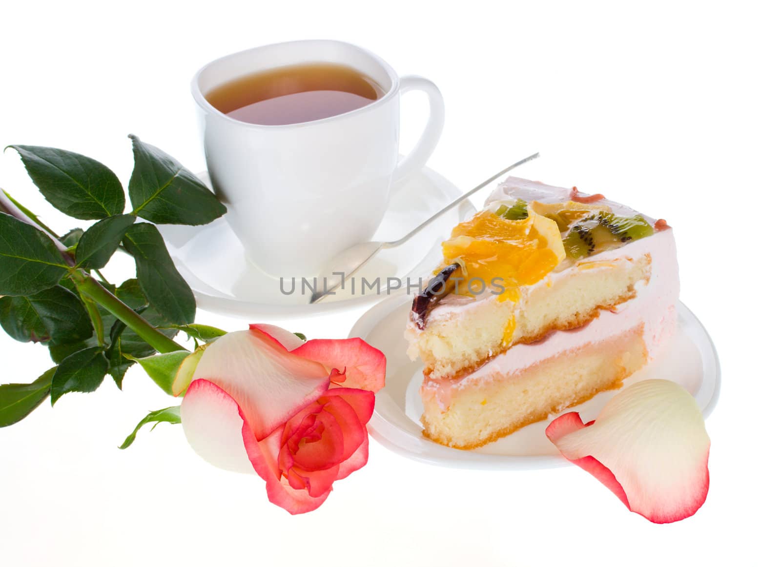 rose cake with fruits and cup of tea by Alekcey