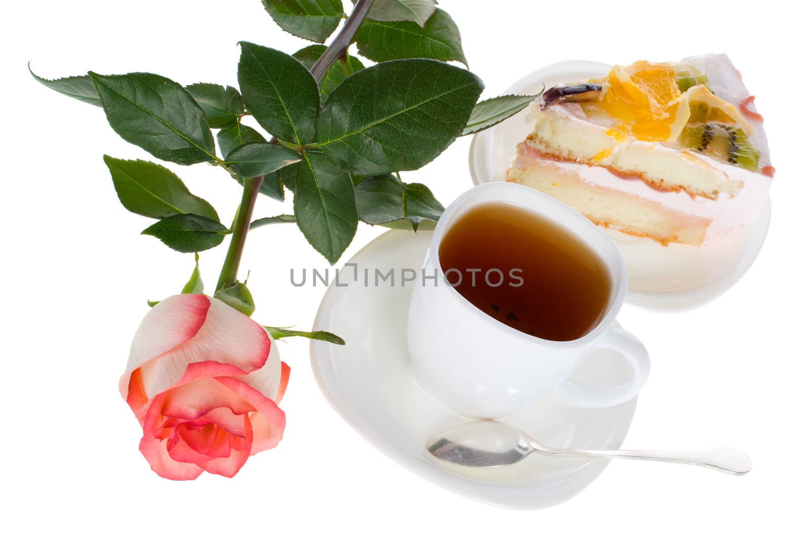 rose cup of tea and cake with fruits, isolated on white