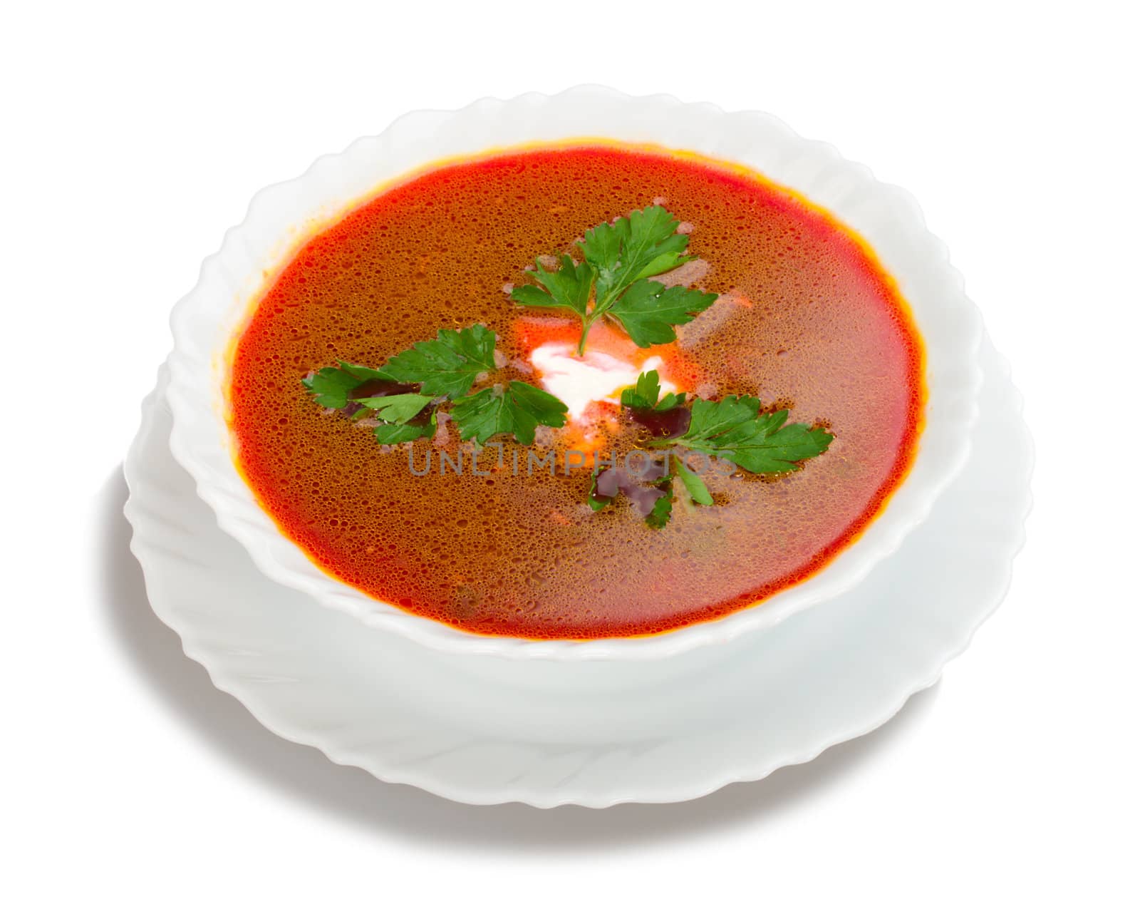 soup from beet with sour cream, isolated on white