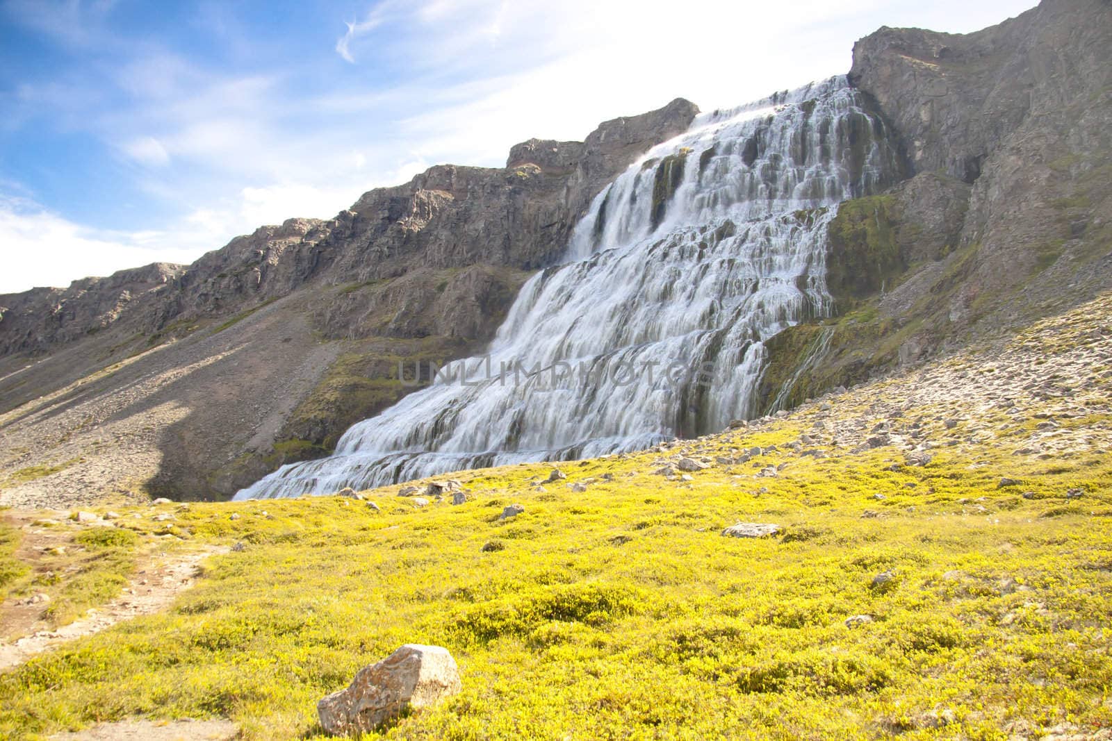 Iceland, Westfjords. Big, beauty, rapid water in waterfall Dynjandi.