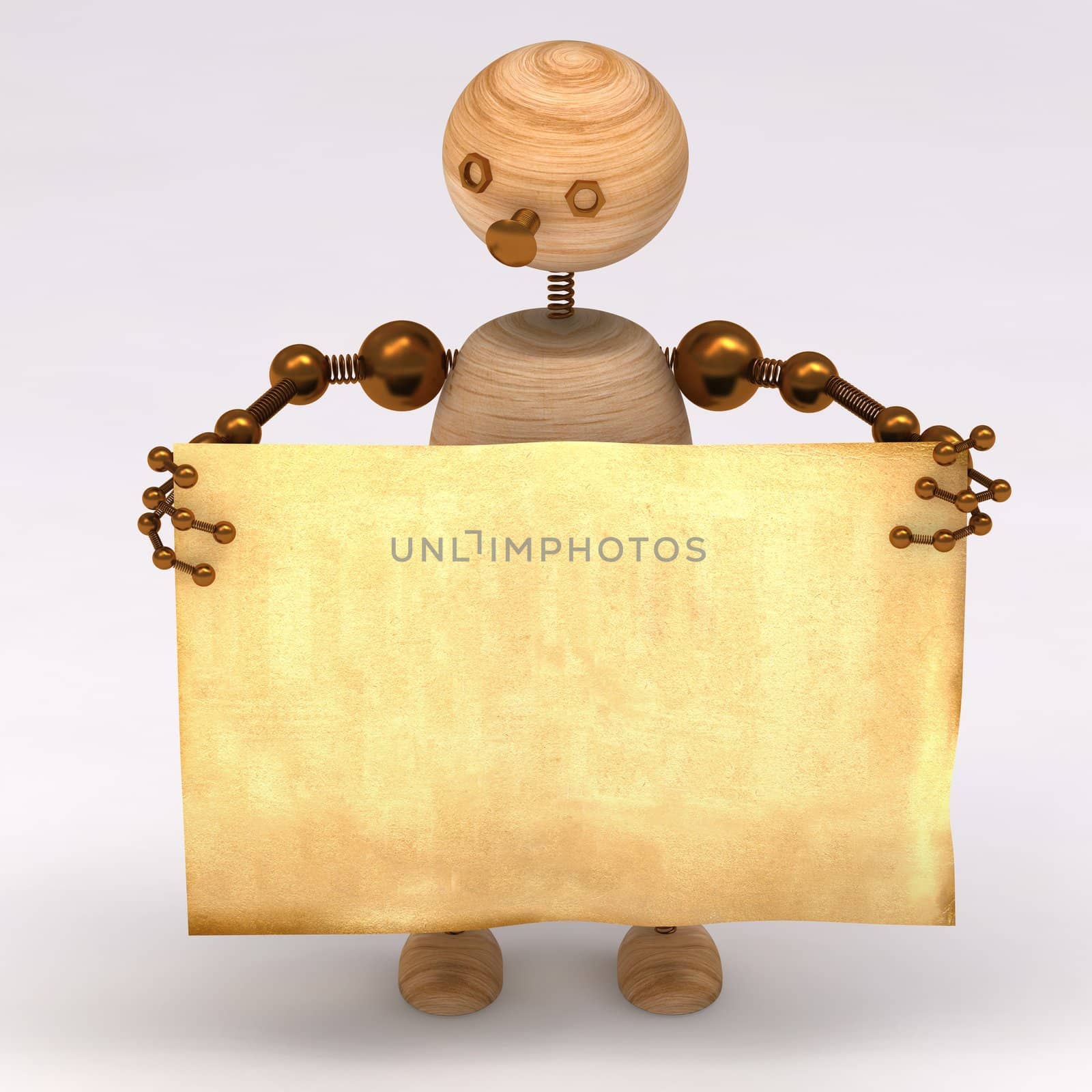 Wood man  holding a blank board 3d rendered