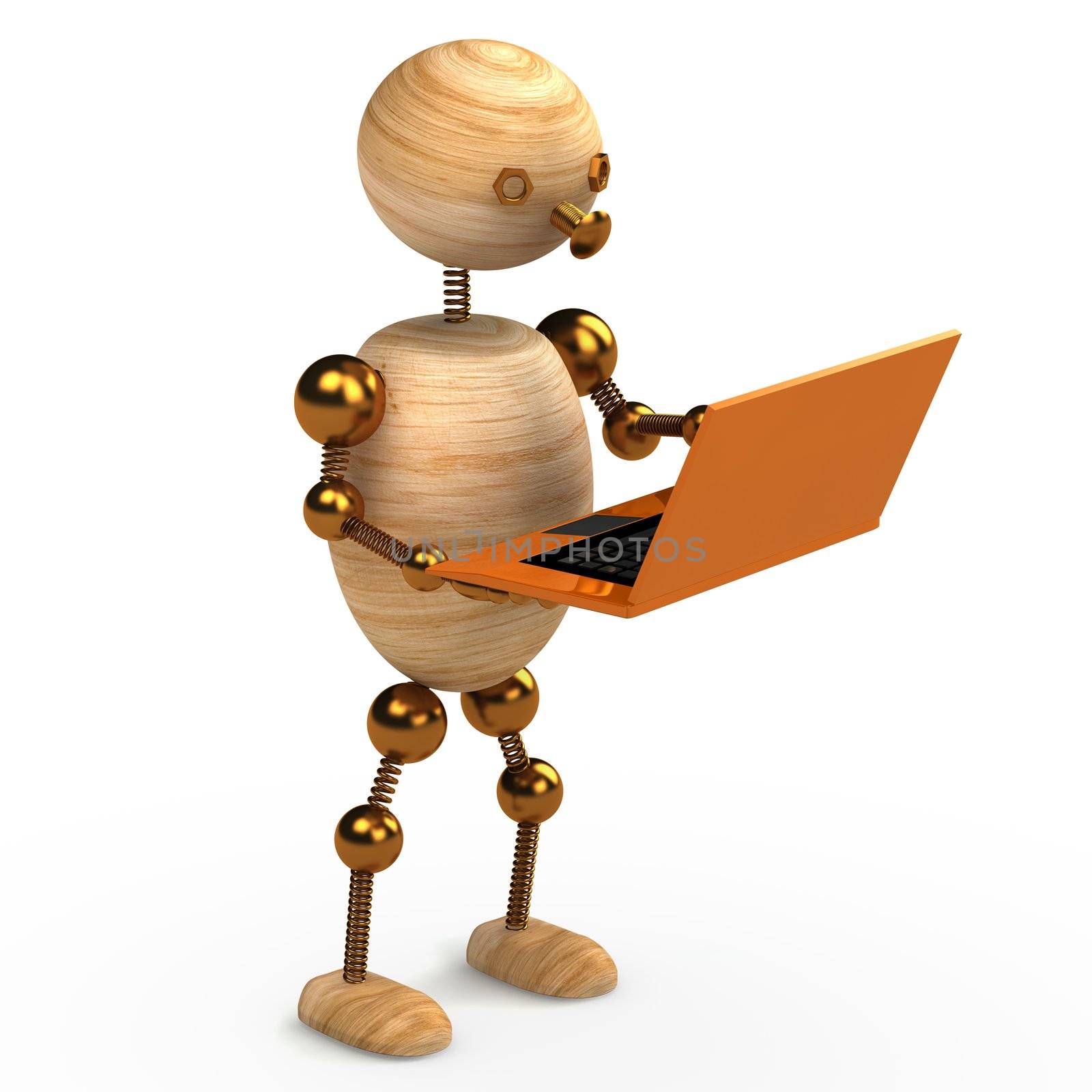 wood man with orange laptop 3d rendered