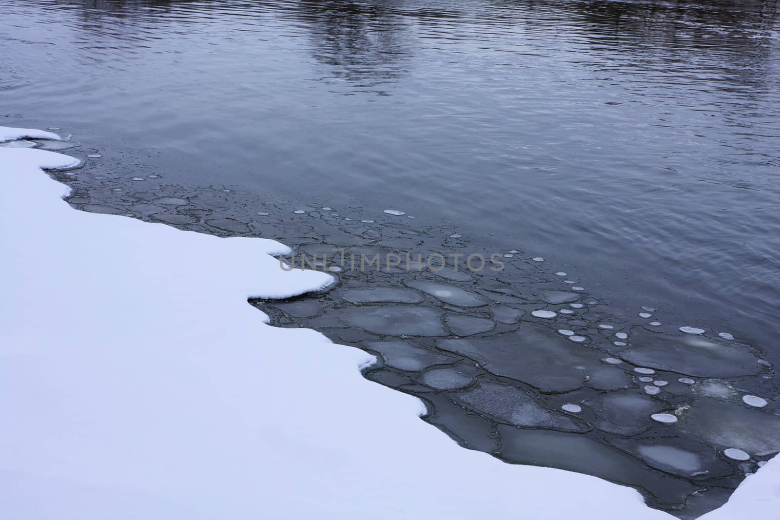 Winter scene showing thin ice and fresh snow at the side of a fast flowing river