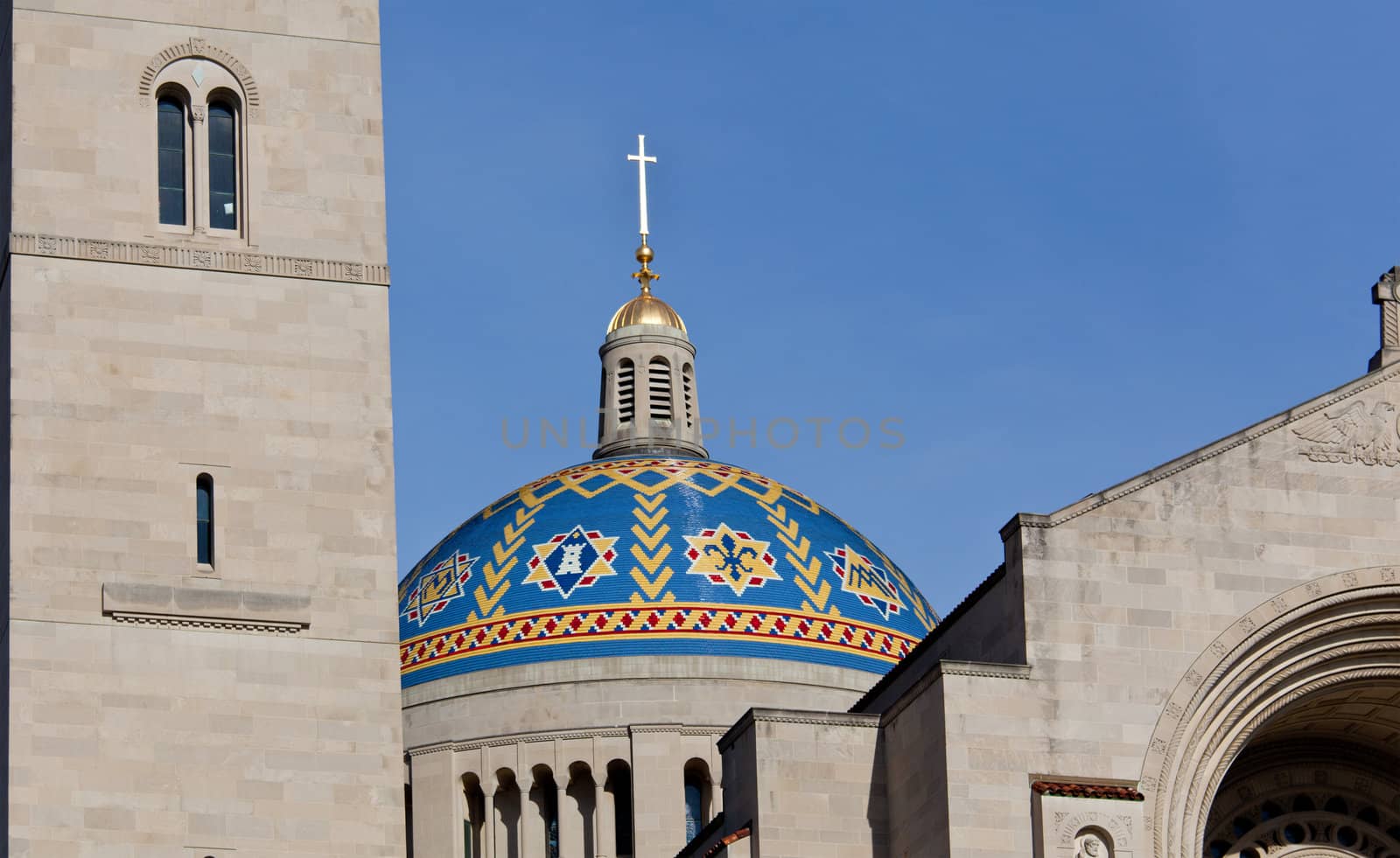 Mosaic covered Dome of Basilica of the National Shrine of the Immaculate Conception in Washington DC on a clear winter day