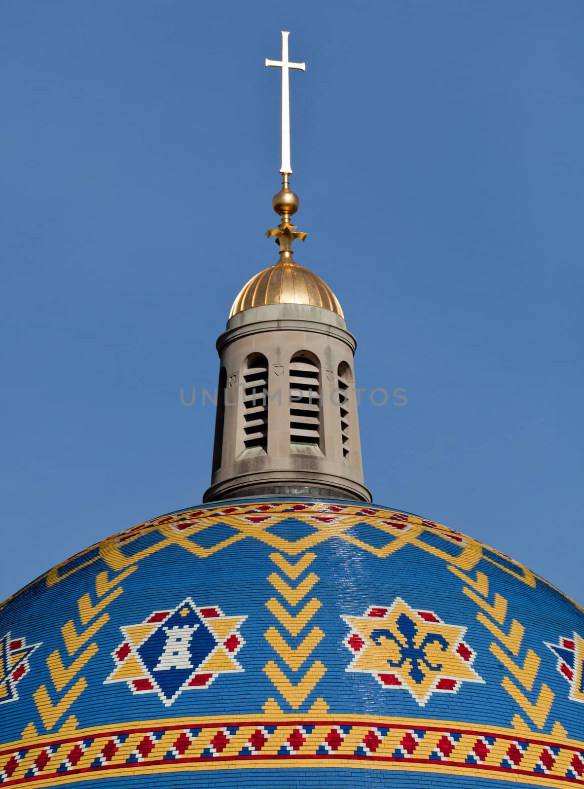 Mosaic tiled Dome of Basilica of the National Shrine of the Immaculate Conception in Washington DC on a clear winter day