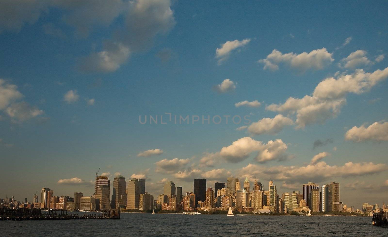 photo of lower manhattan panorama, cloudy sky in background