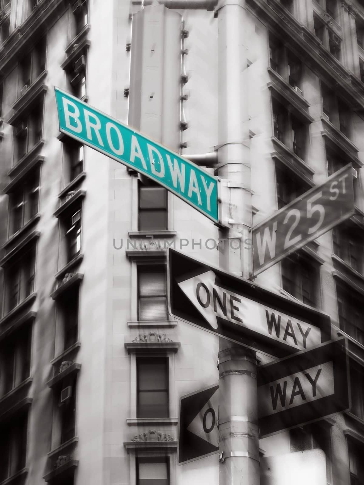 green broadway street sign, black and white photo, new york
