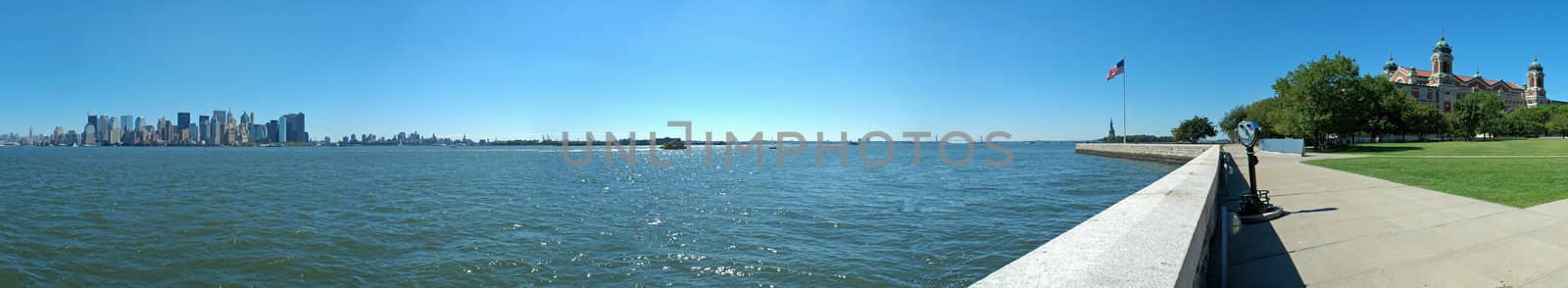 panoramic view from ellis island, manhattan and statue of liberty in picture