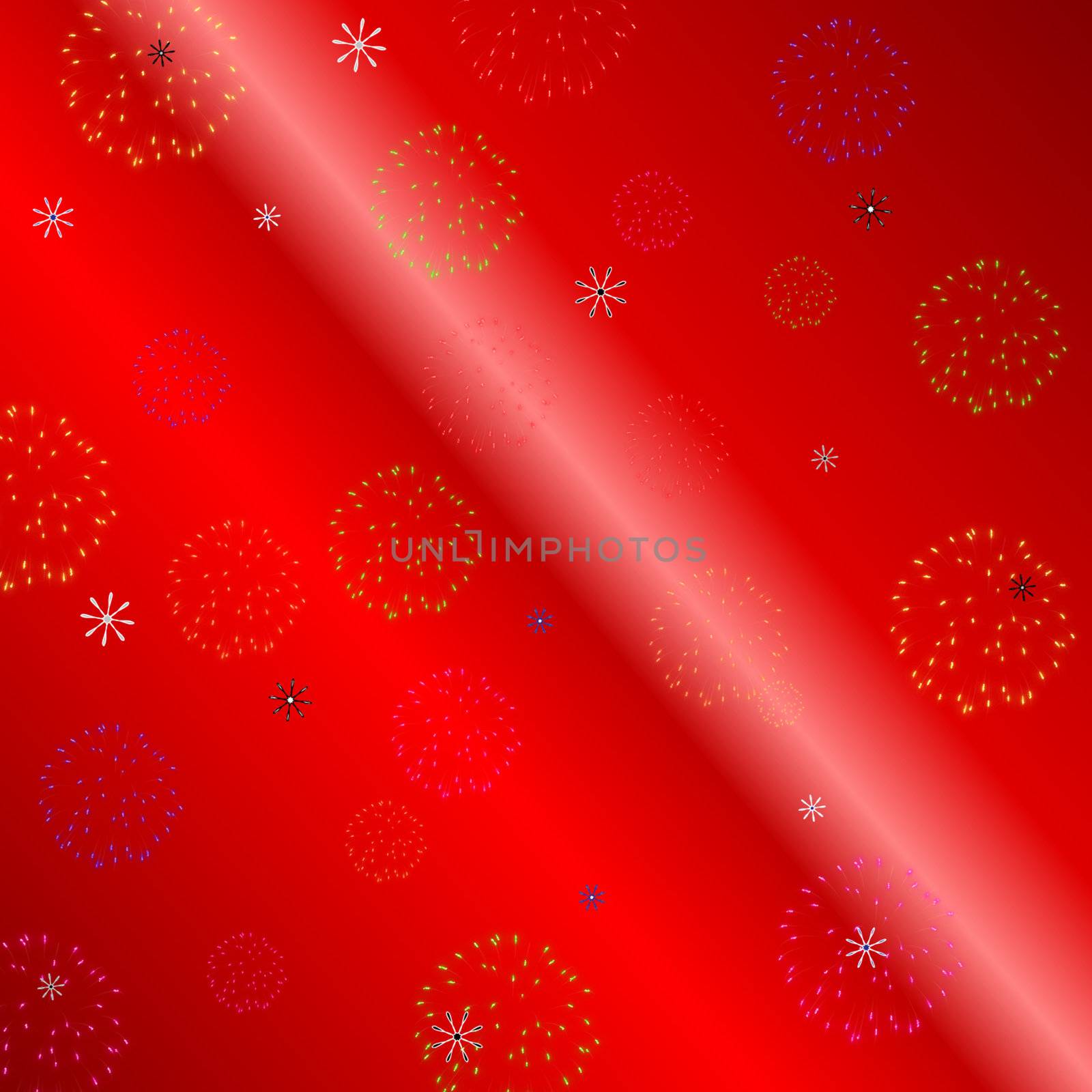 christmas red paper effect background with snowflakes and fireworks