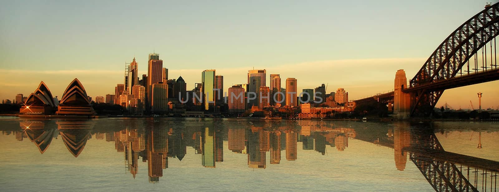 sydney landmarks panorama, evening photo, artificial reflection in water created in computer