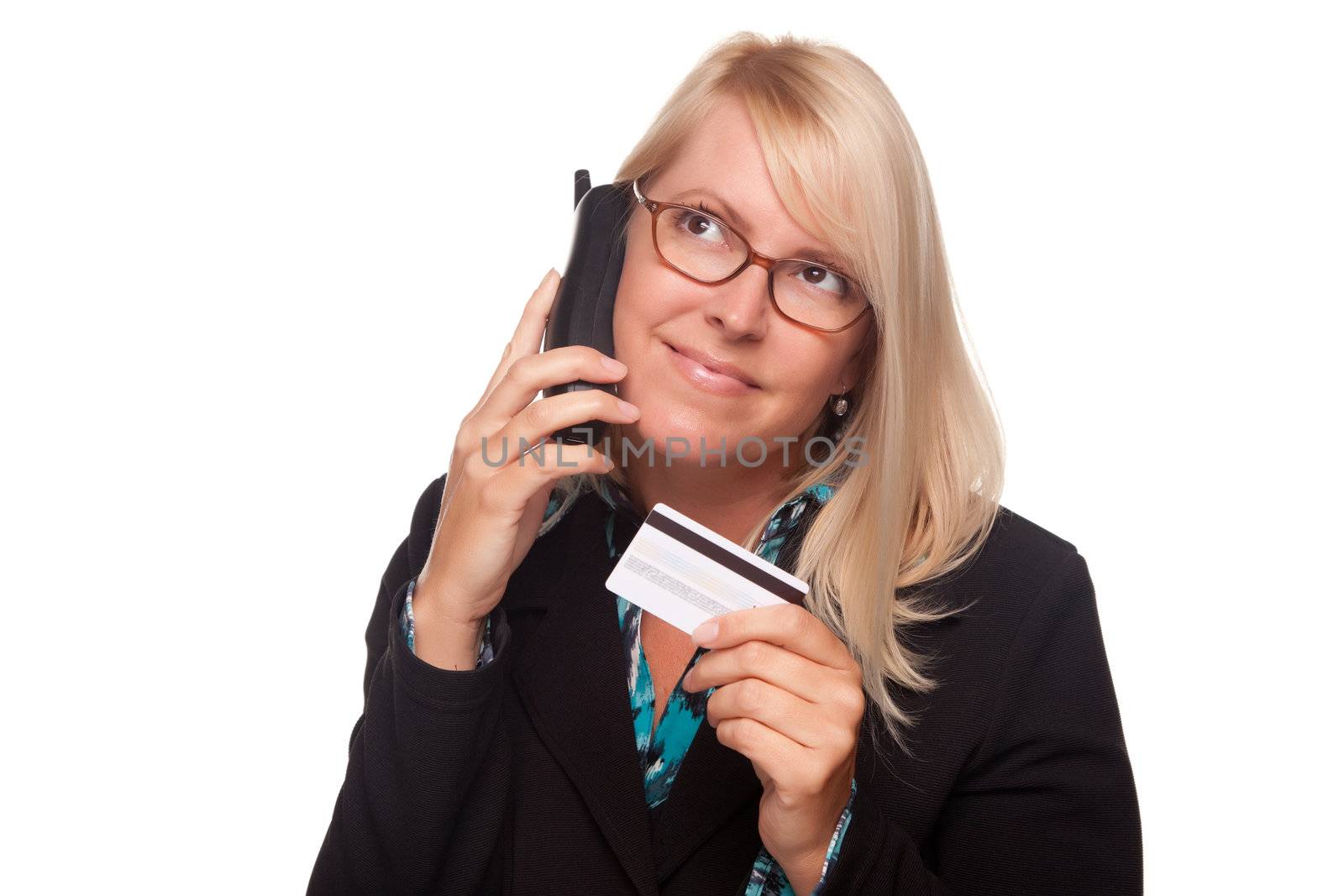 Beautiful Blonde Woman with Phone and Credit Card Isolated on a White Background.