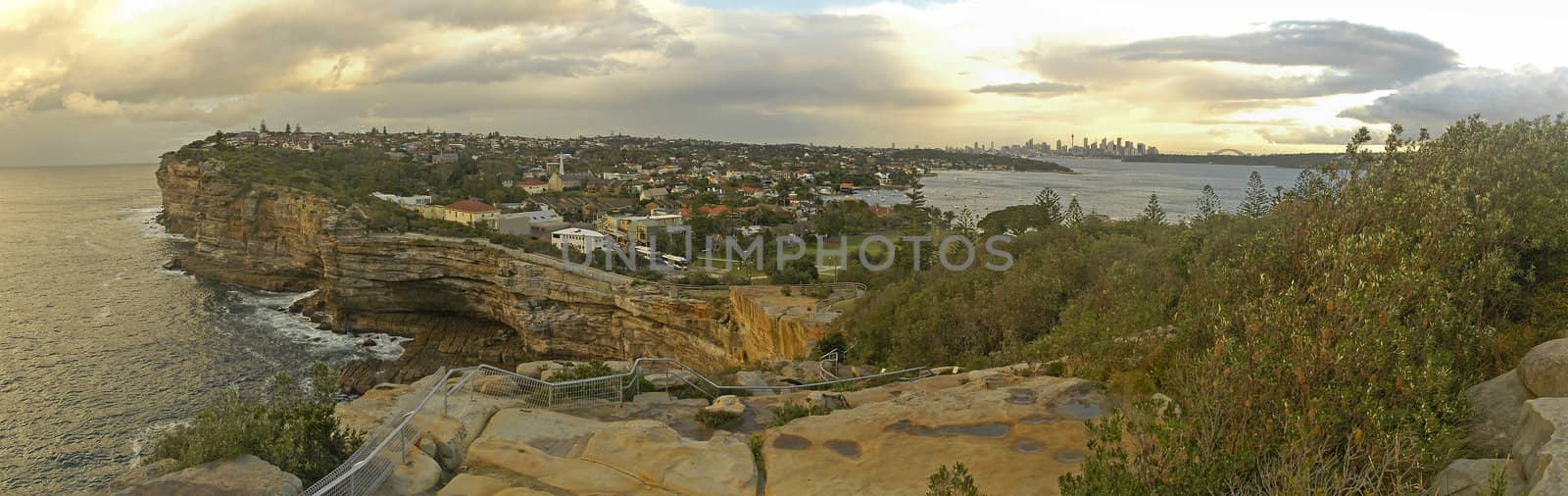 view from watson bay, sydney cbd in background, panorama photo