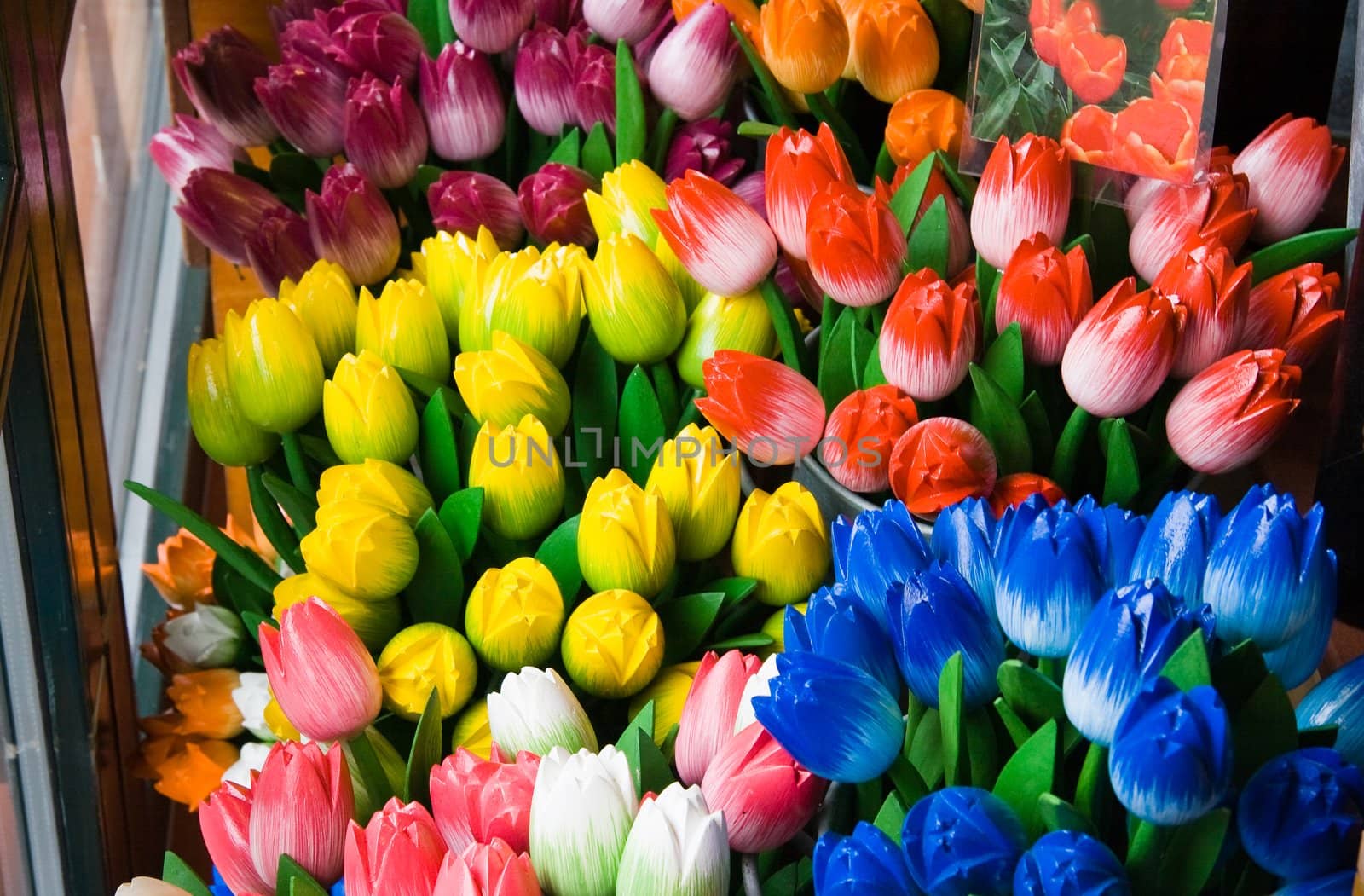 Wooden tulips in shop for sale as a souvenir by Colette