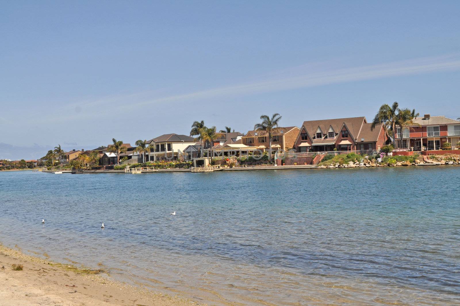 Australian family house, lake view, landscape. Houses on the lake. Houses with water view