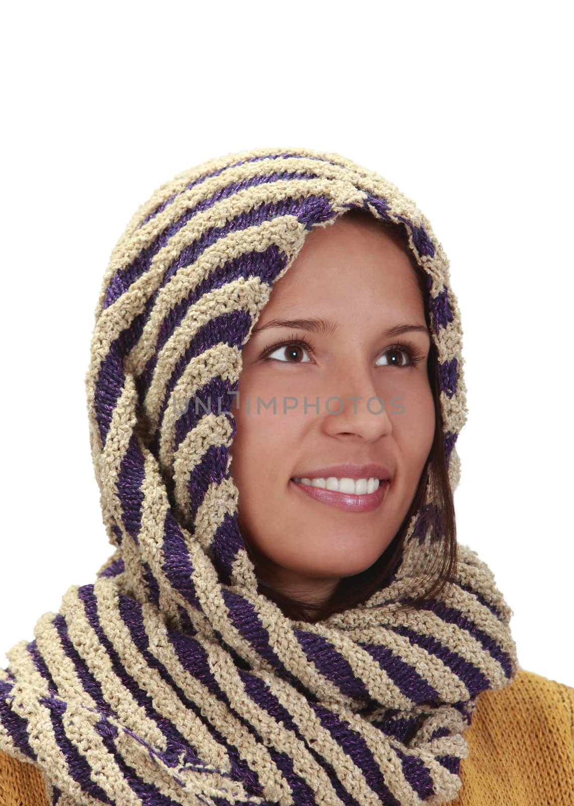 Portrait of a young woman wearing a scarf isolated against a white background.