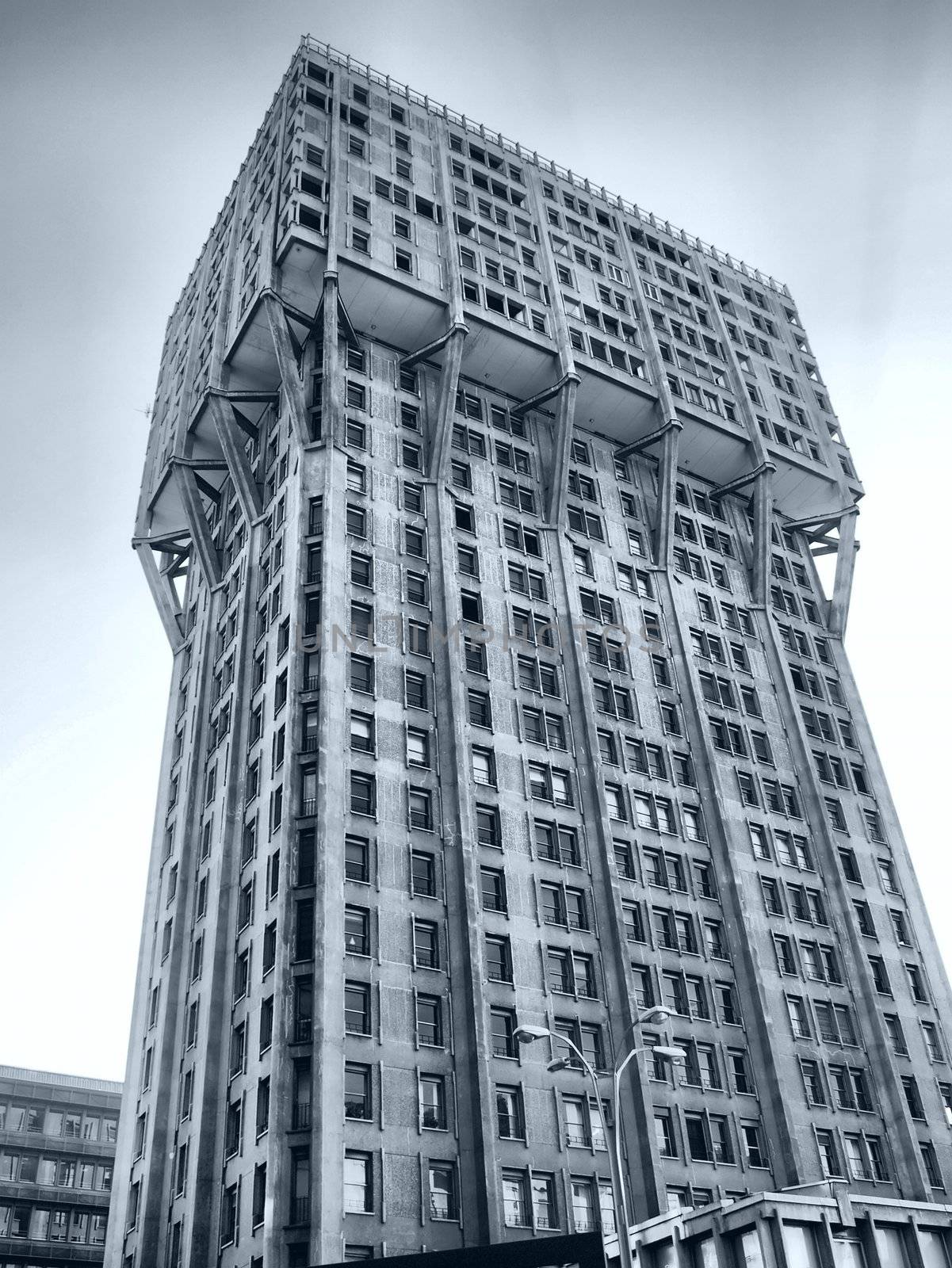 Torre Velasca, Milan landmark Italian new brutalist architecture - high dynamic range HDR - black and white