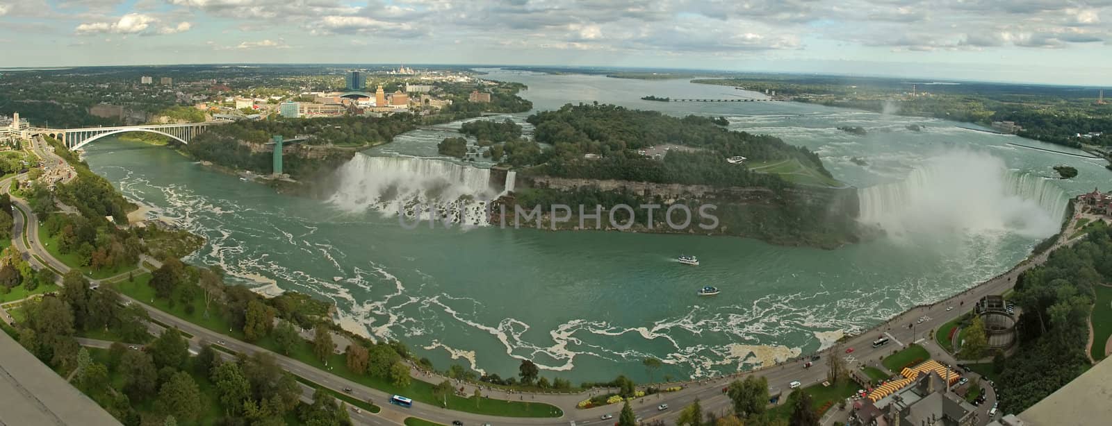 Niagara falls panorama photo, both waterfalls in picture, taken from canadian side