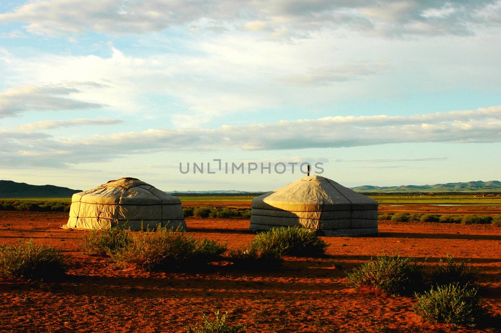Landscape of gers on the grasslands of Mongolia