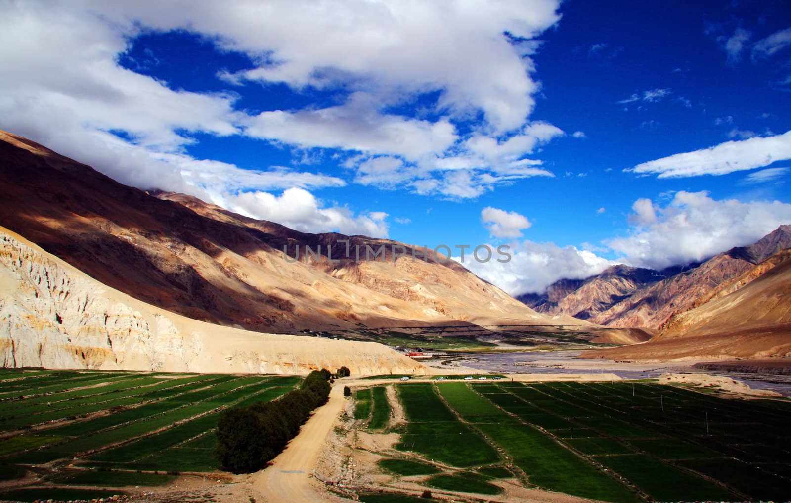 Landscape of fields and mountains in the highlands of Tibet