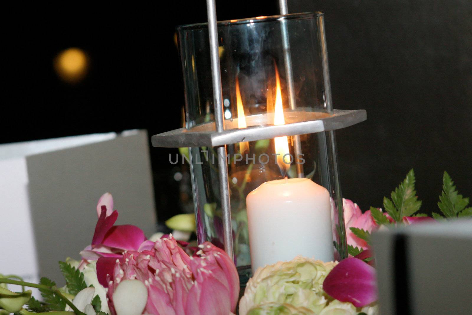 Tables decorated for a wedding reception.