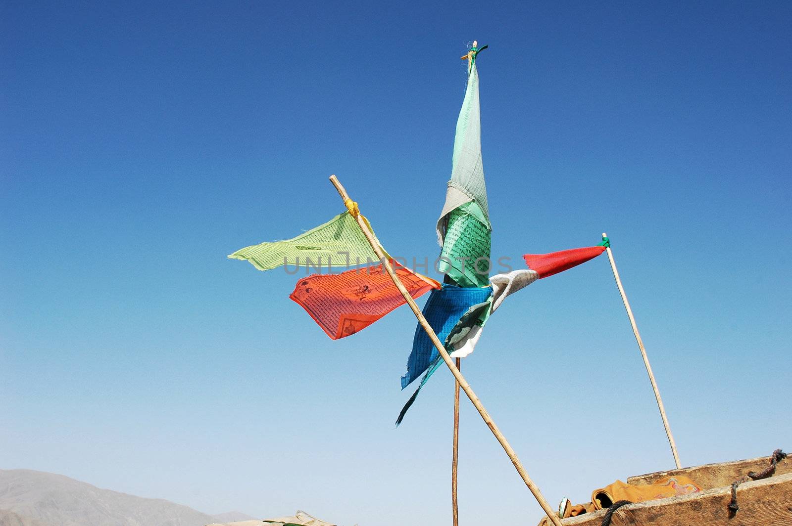 Scenery of colorful buddhist prayer flags in Tibet
