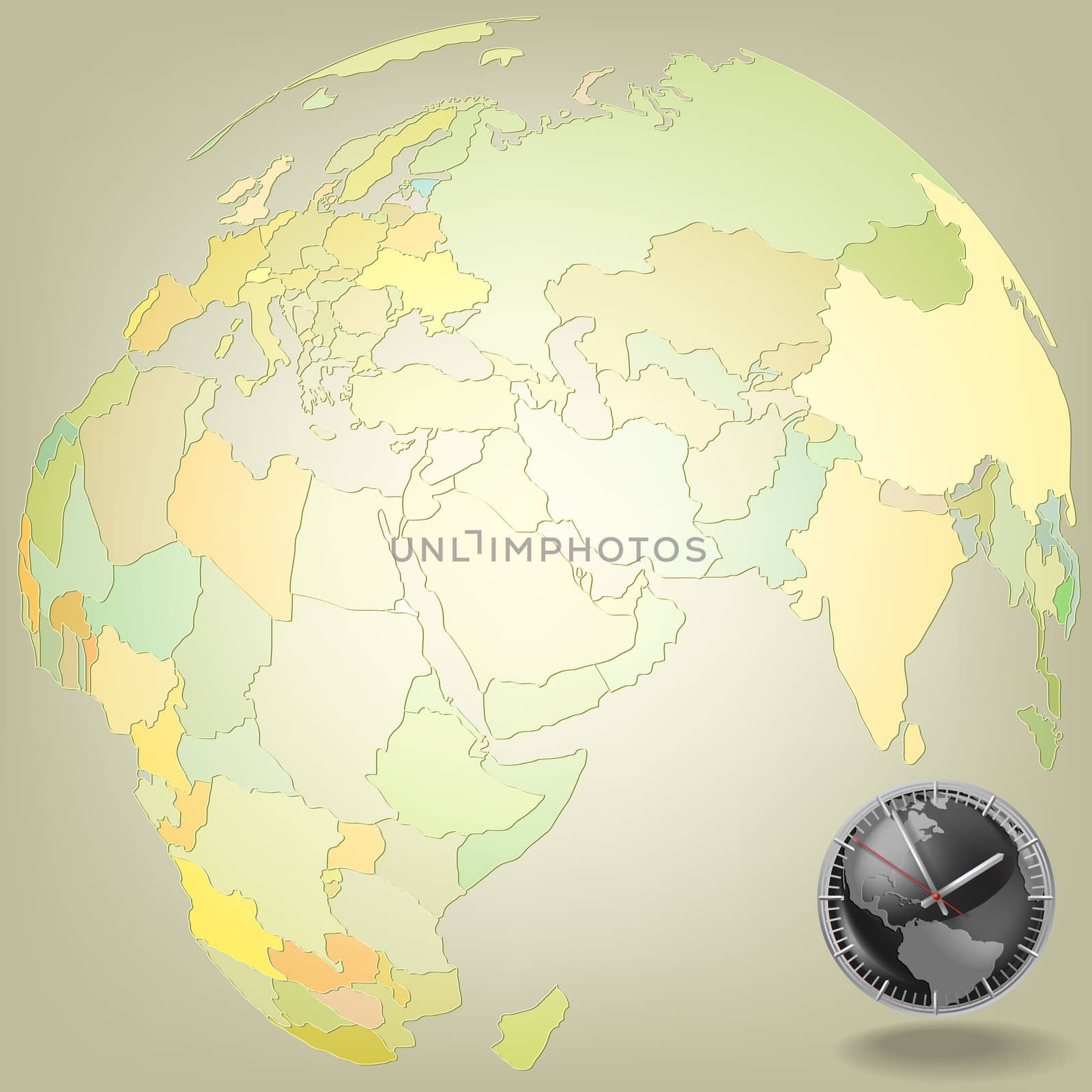 abstract beige background with globe and steel clock